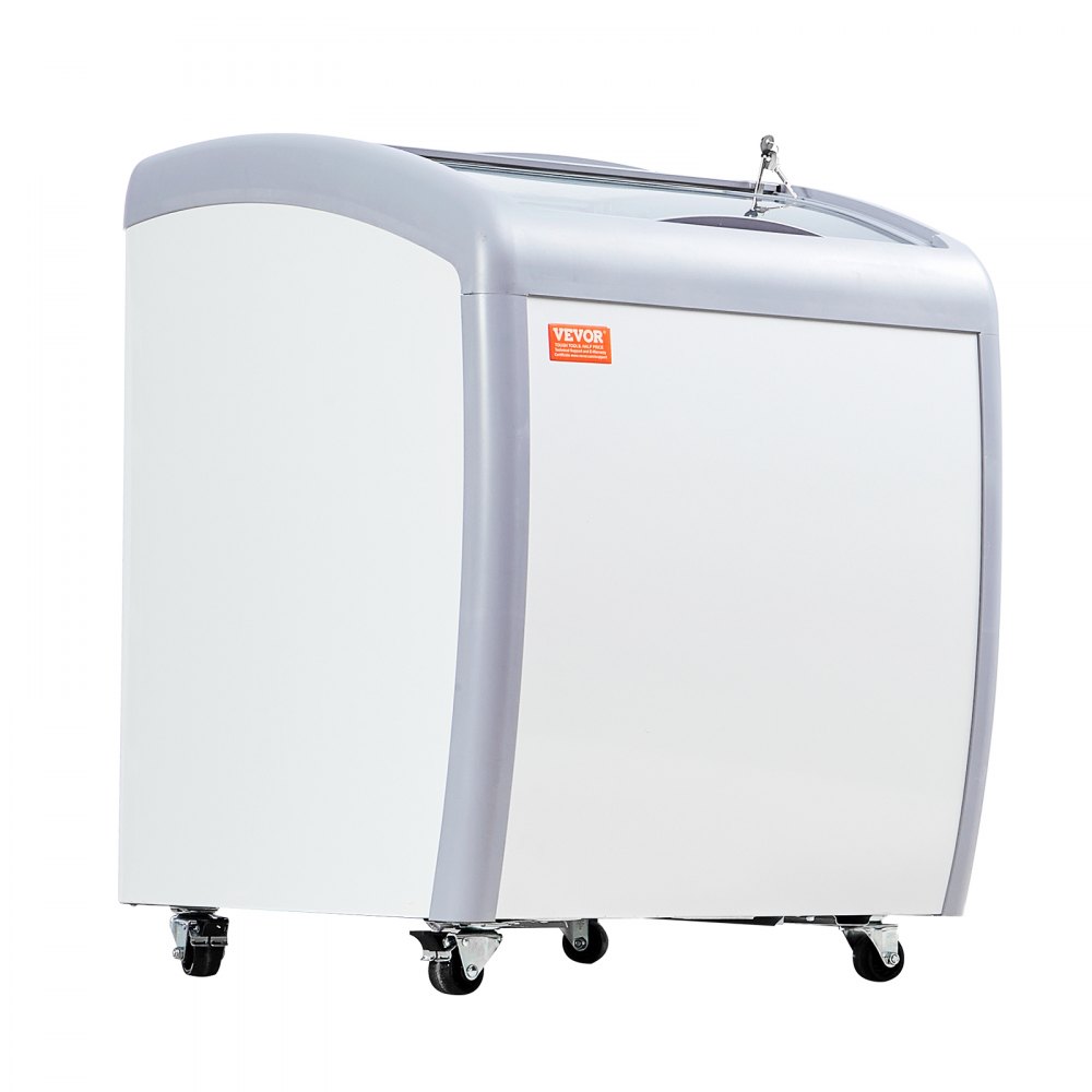 VEVOR Commercial Ice Cream Display Case, 154 Liter Chest Freezer, Mobile Freezer with Glass Top, Restaurant Gelato Immersion Cabinet with 2 Wire Baskets, 2 Sliding Glass Doors, Lockable Casters, White