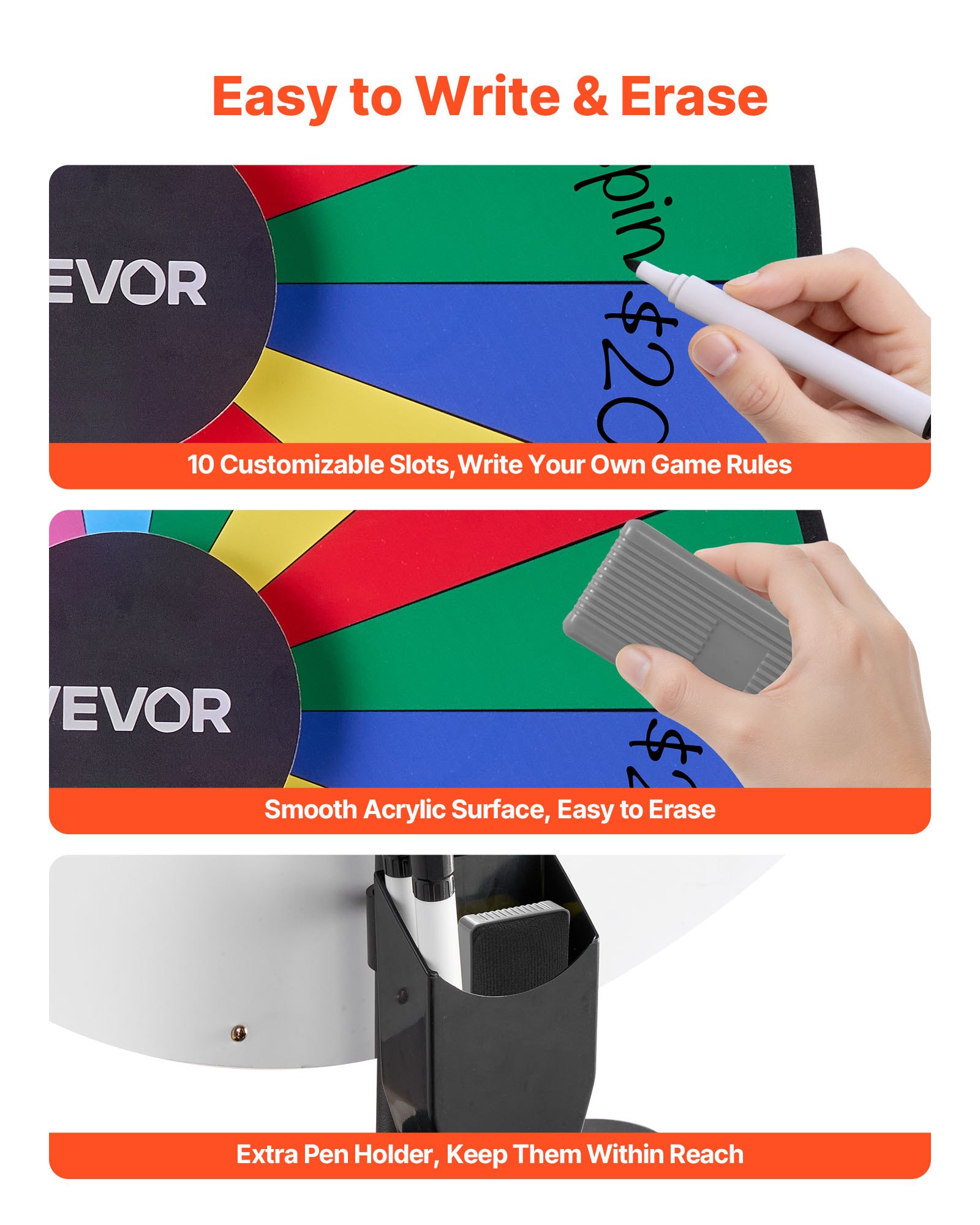 VEVOR Glücksrad Drehrad (914 mm) 18 Slots Glücksrad mit Ständer, höhenverstellbar, Lotteriespiele Gewinn-Roulette mit Tafelschwamm & 2 Markern, 6 Farben, ideal für Party Kneipe Messe