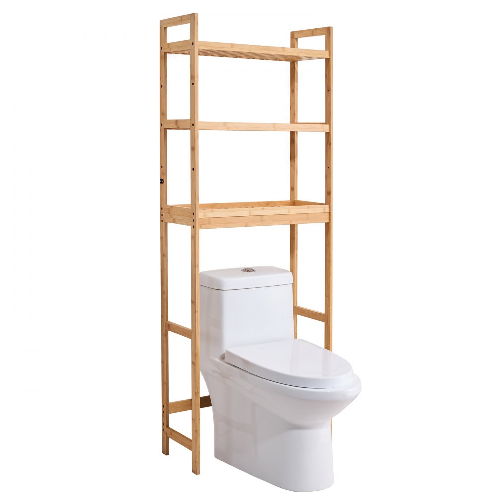 VEVOR Over-the-Toilet Storage, 3-Tier Adjustable Bathroom Organizer, Bamboo Storage Shelf with 3 Hooks, Freestanding, Easy-to-Use Laundry Space Saver