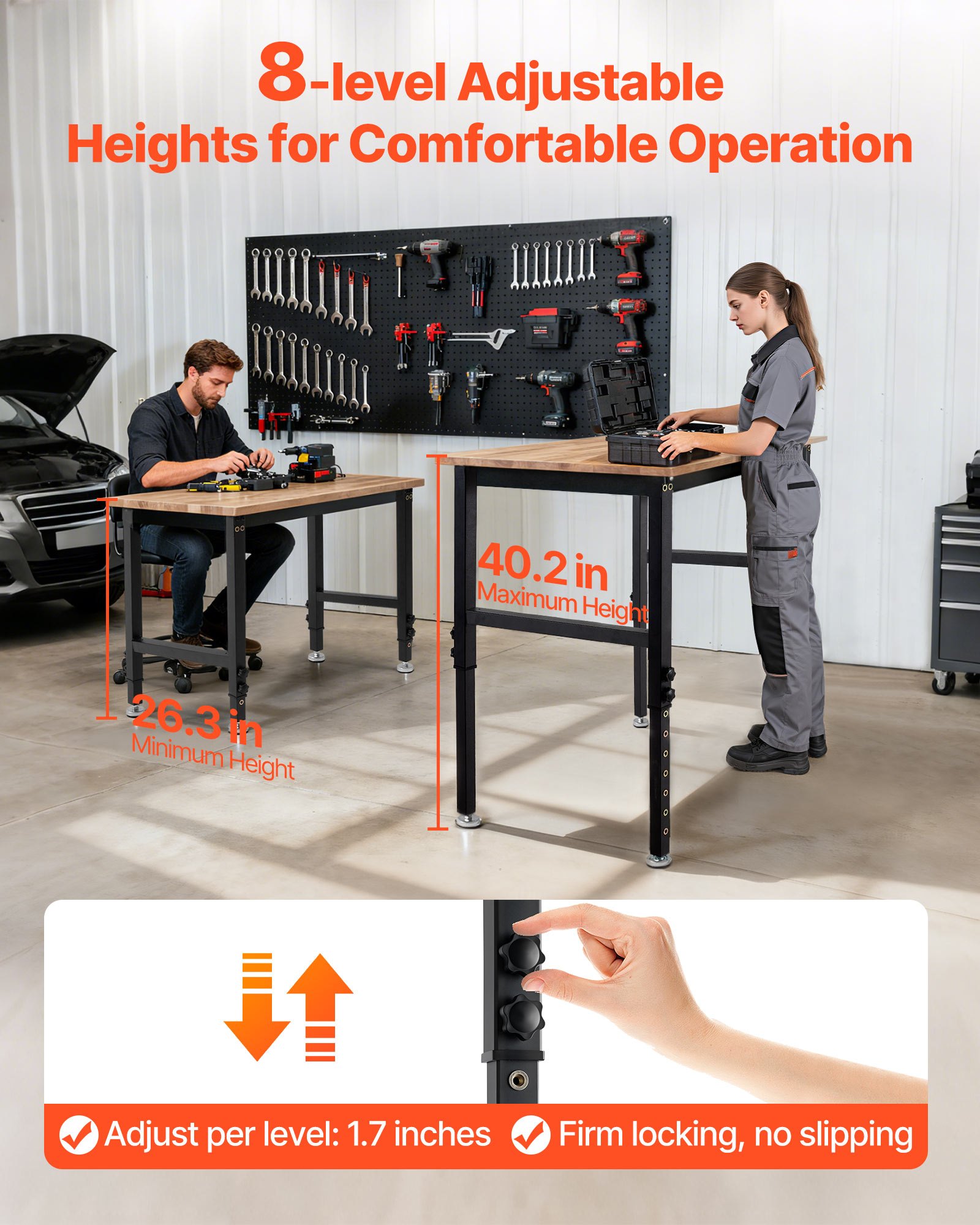 VEVOR Werkbank, 680 kg, Werkstatttisch 122x60 cm große Arbeitsplatte aus Eichenholz, Arbeitstisch mit 67–102 cm Höhenverstellung, Werktisch für Garage, Werkstatt, Zuhause, Büro & Gewerbe