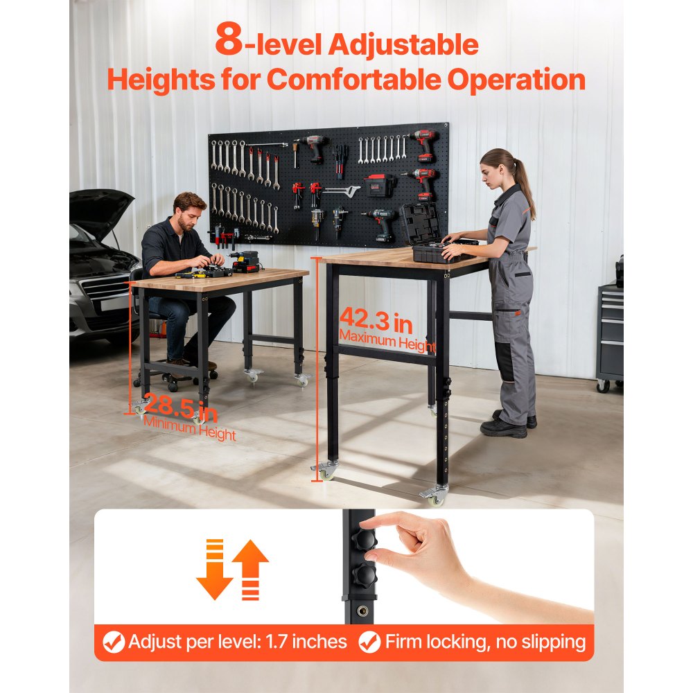 VEVOR Werkbank, 680 kg, Werkstatttisch mit Rolle, 122x60 cm große Arbeitsplatte aus Eichenholz, Arbeitstisch mit Höhenverstellung von 725-1075 mm, Werktisch für Garage, Werkstatt, Zuhause & Büro