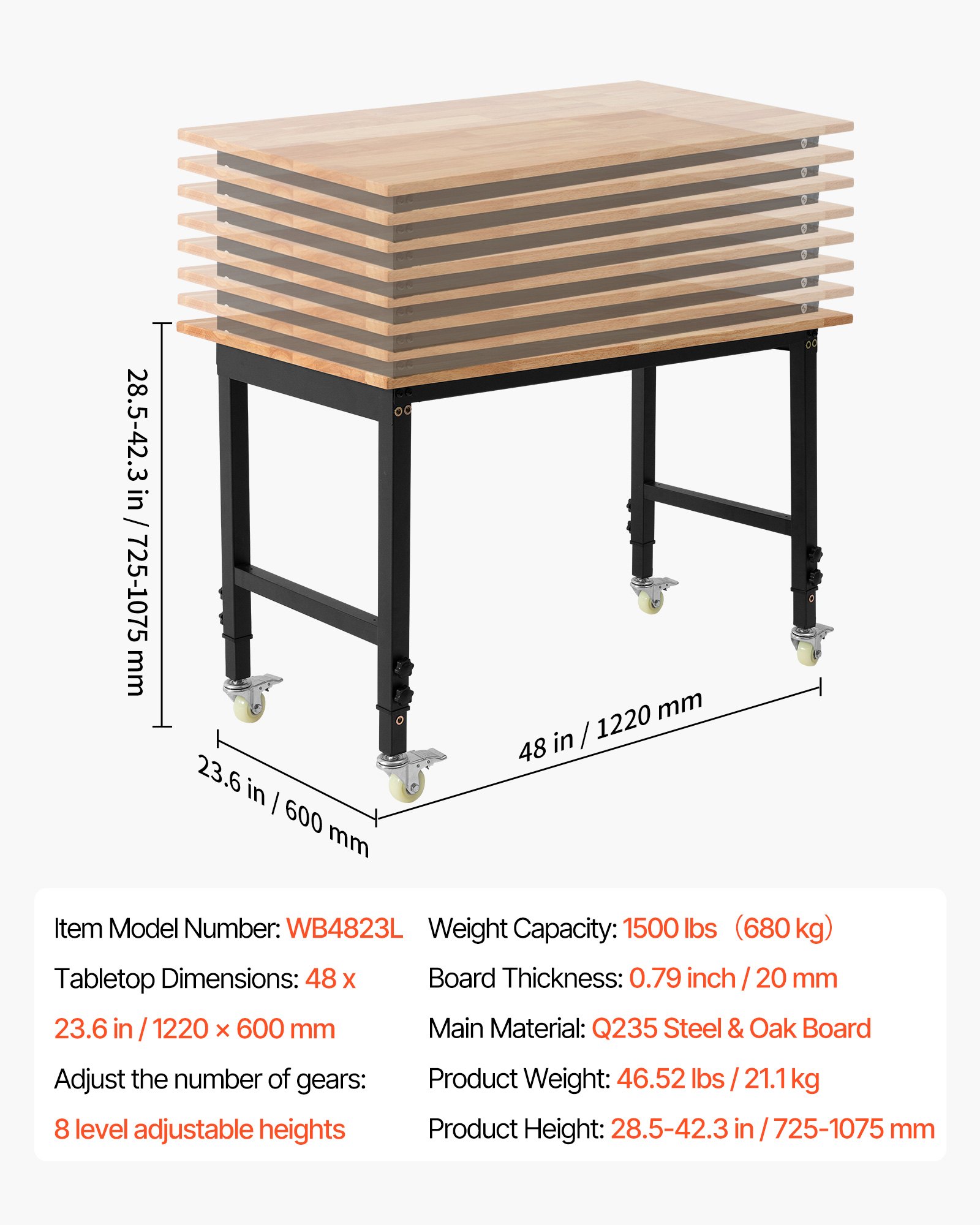VEVOR Adjustable Workbench on Wheels, 680 kg Capacity, 122 x 60 cm Oak Wood Top Workbench with 72.5-107.5 Height Adjustment, Heavy-Duty Hardwood Worktable for Garage, Workshop, Home, Office