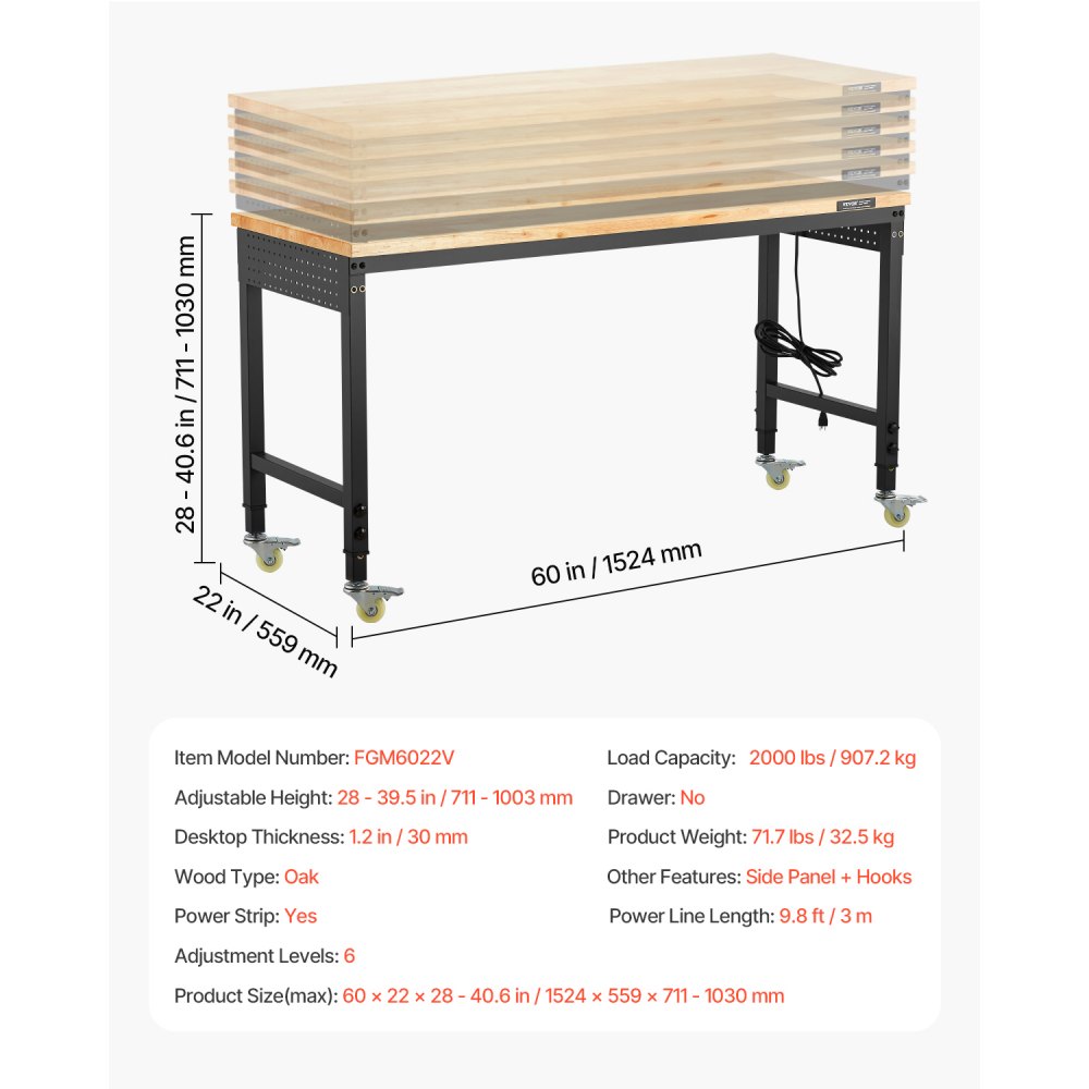 VEVOR Werkbank 1524x559x711-1030mm, 907 kg Tragkraft, Werktisch mit Steckdose, Rädern und Stecktafel, robuster Arbeitstisch mit Eichenholzplatte für Garage, Werkstatt, Büro und Zuhause