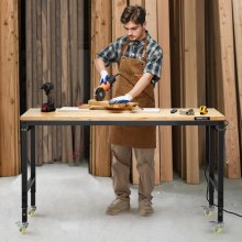 VEVOR Werkbank 1524x559x711-1030mm, 907 kg Tragkraft, Werktisch mit Steckdose, Rädern und Stecktafel, robuster Arbeitstisch mit Eichenholzplatte für Garage, Werkstatt, Büro und Zuhause