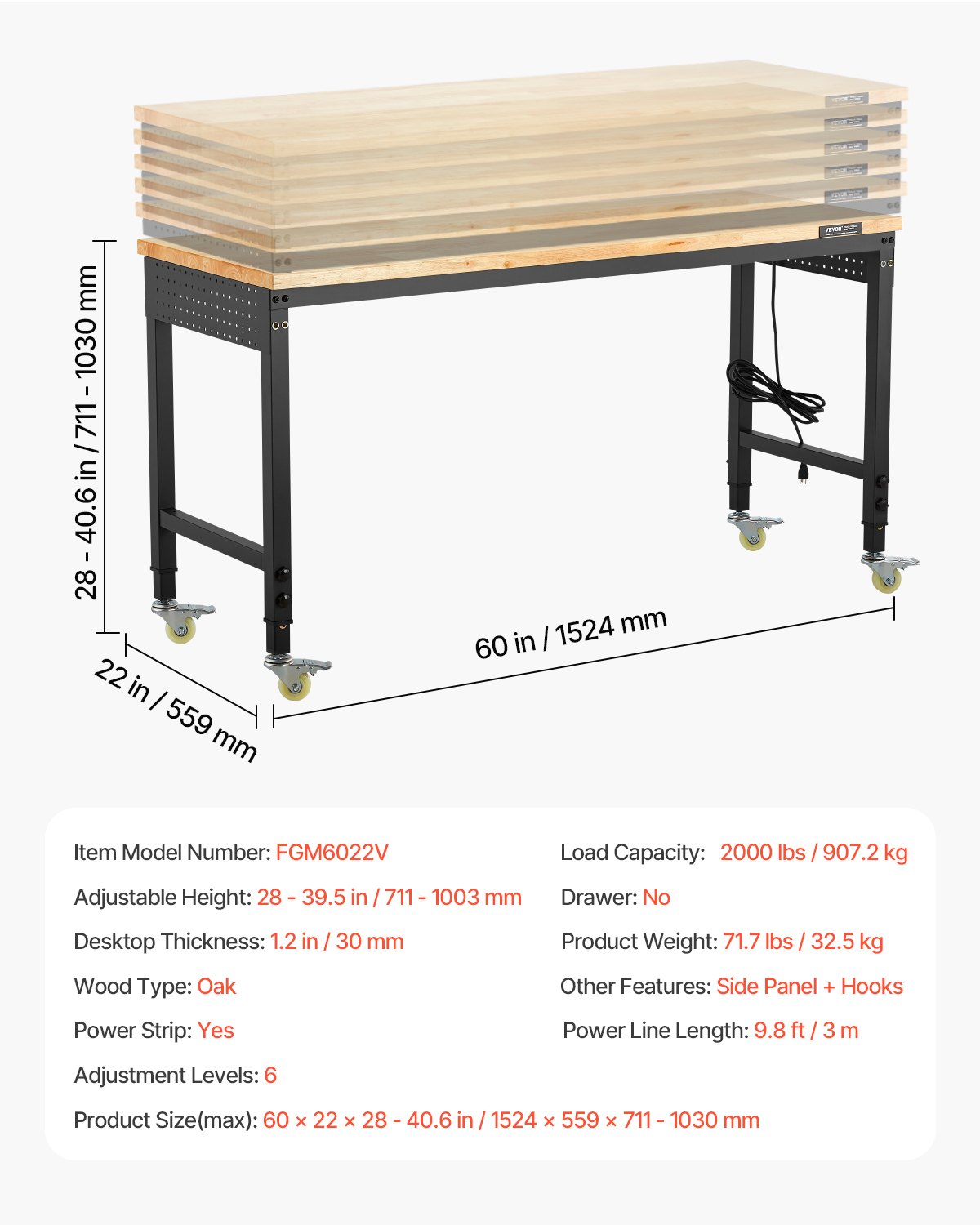 VEVOR Werkbank 1524x559x711-1030mm, 907 kg Tragkraft, Werktisch mit Steckdose, Rädern und Stecktafel, robuster Arbeitstisch mit Eichenholzplatte für Garage, Werkstatt, Büro und Zuhause
