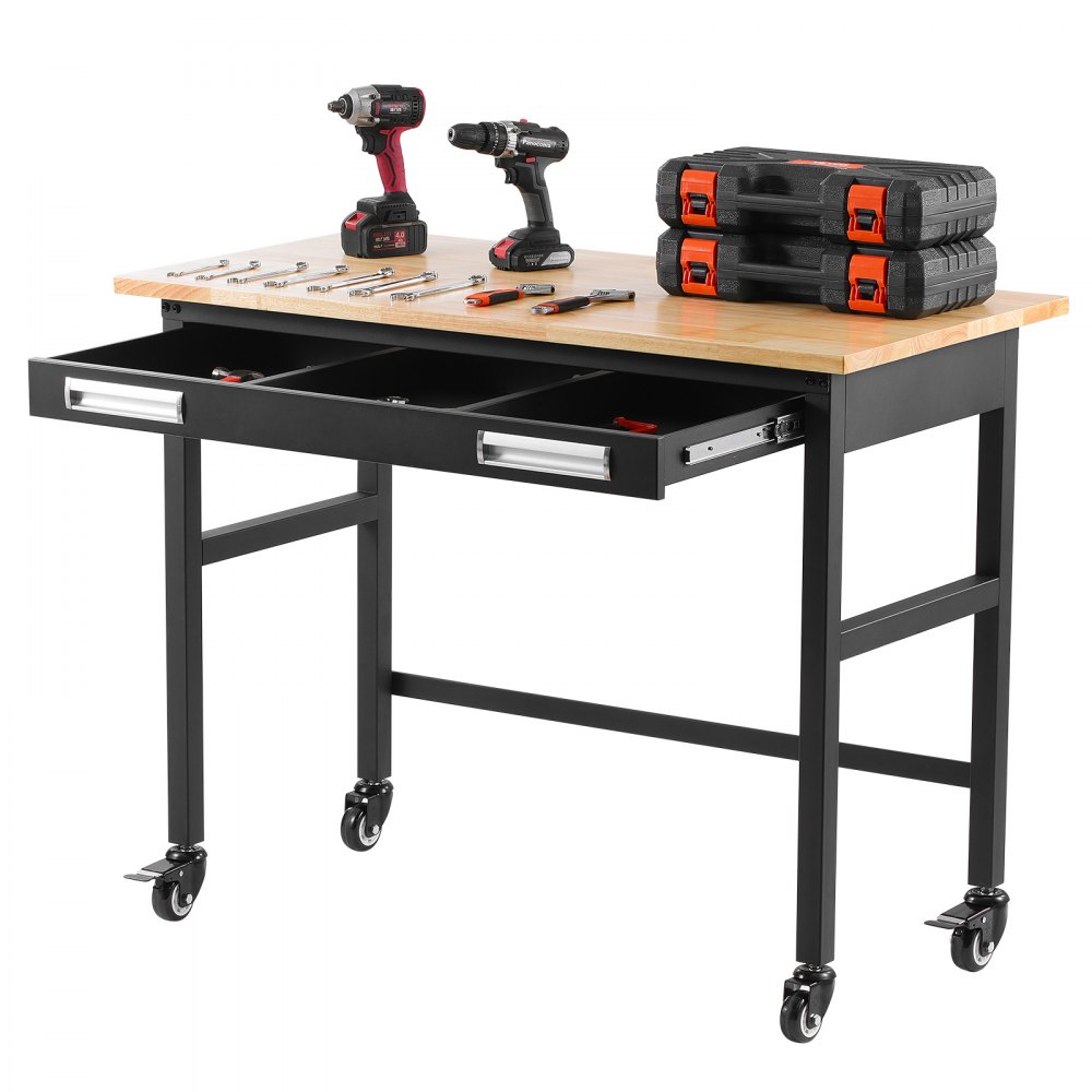 VEVOR 48" Werkbank, 1500 lbs Tragkraft, Werkbank mit ausziehbaren Schubladen und Rädern, Rollbare Werkbank auf Rädern, robuster Arbeitstisch mit Eichenholzplatte für Garage, Werkstatt, Büro und Zuhause