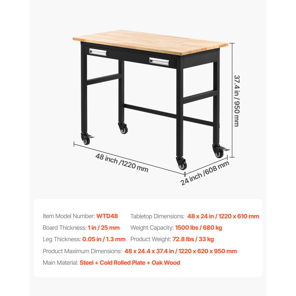 VEVOR 48" Werkbank, 1500 lbs Tragkraft, Werkbank mit ausziehbaren Schubladen und Rädern, Rollbare Werkbank auf Rädern, robuster Arbeitstisch mit Eichenholzplatte für Garage, Werkstatt, Büro und Zuhause