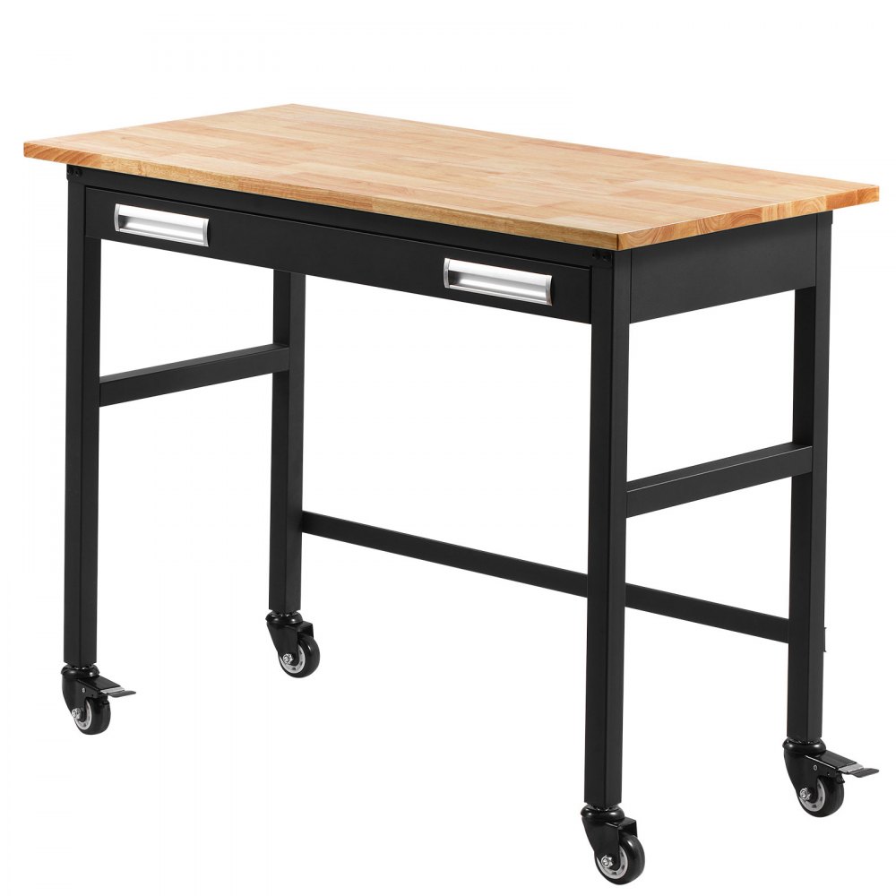 VEVOR 48" Werkbank, 1500 lbs Tragkraft, Werkbank mit ausziehbaren Schubladen und Rädern, Rollbare Werkbank auf Rädern, robuster Arbeitstisch mit Eichenholzplatte für Garage, Werkstatt, Büro und Zuhause