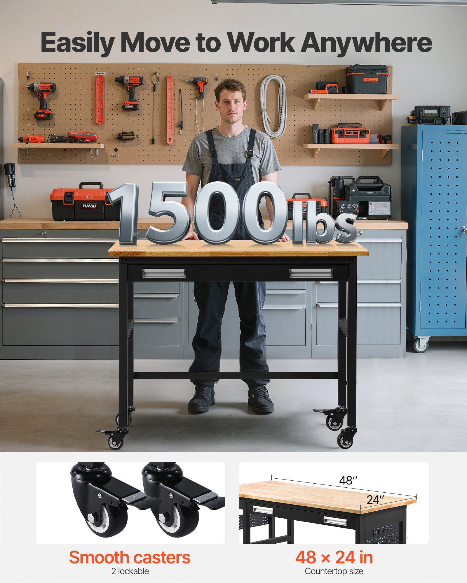 VEVOR 48" Werkbank, 1500 lbs Tragkraft, Werkbank mit ausziehbaren Schubladen und Rädern, Rollbare Werkbank auf Rädern, robuster Arbeitstisch mit Eichenholzplatte für Garage, Werkstatt, Büro und Zuhause