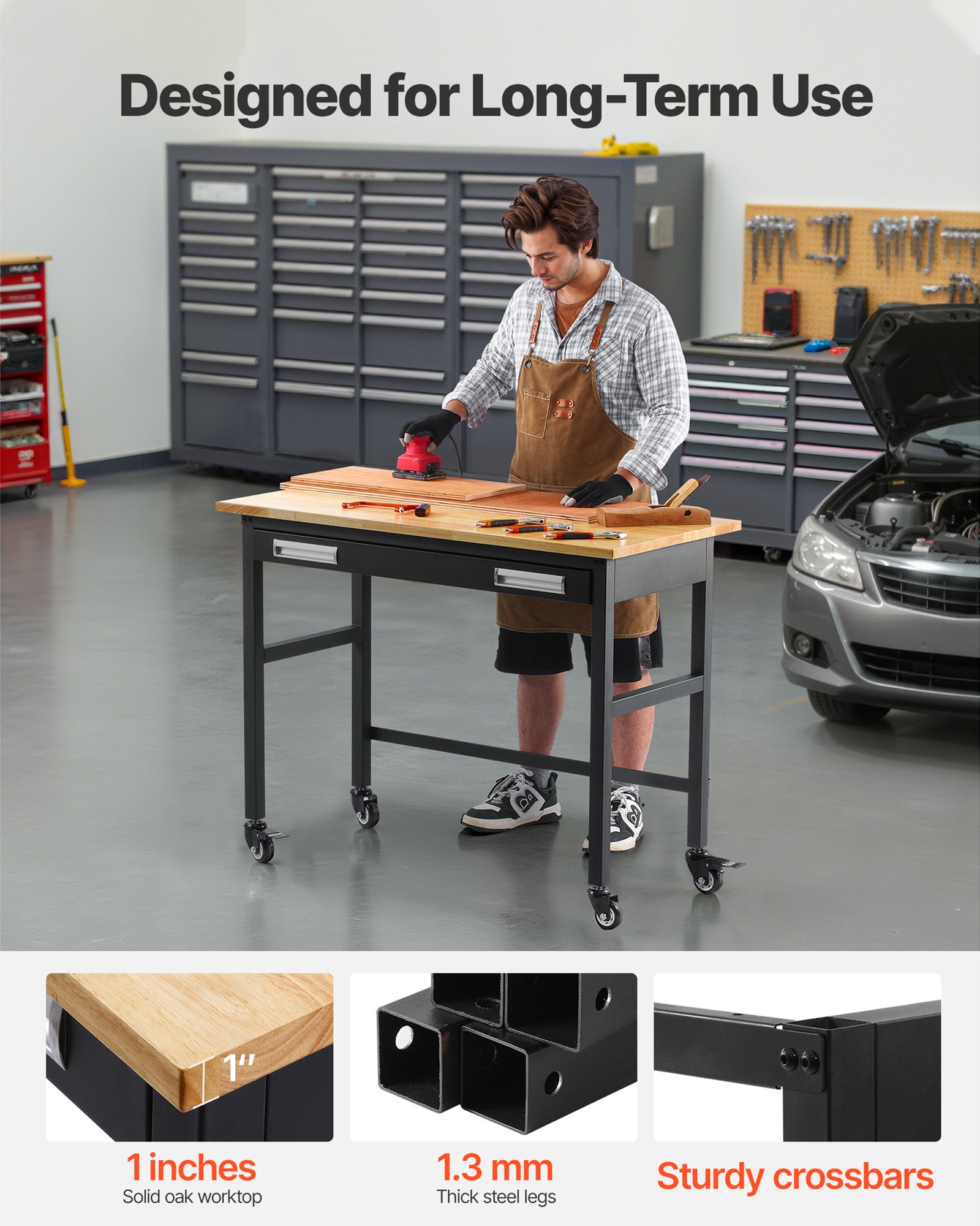 VEVOR 48" Werkbank, 1500 lbs Tragkraft, Werkbank mit ausziehbaren Schubladen und Rädern, Rollbare Werkbank auf Rädern, robuster Arbeitstisch mit Eichenholzplatte für Garage, Werkstatt, Büro und Zuhause