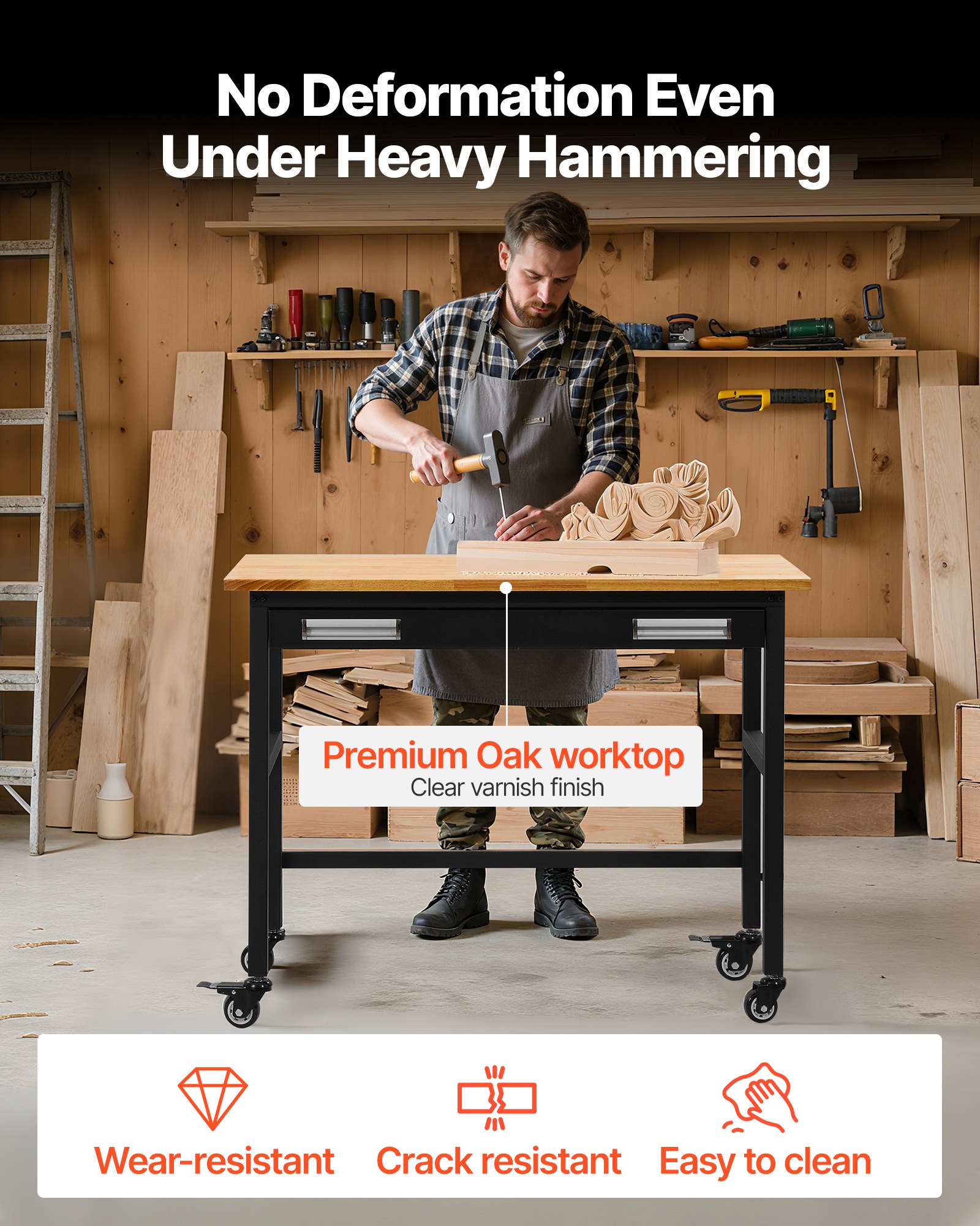 VEVOR 48" Werkbank, 1500 lbs Tragkraft, Werkbank mit ausziehbaren Schubladen und Rädern, Rollbare Werkbank auf Rädern, robuster Arbeitstisch mit Eichenholzplatte für Garage, Werkstatt, Büro und Zuhause