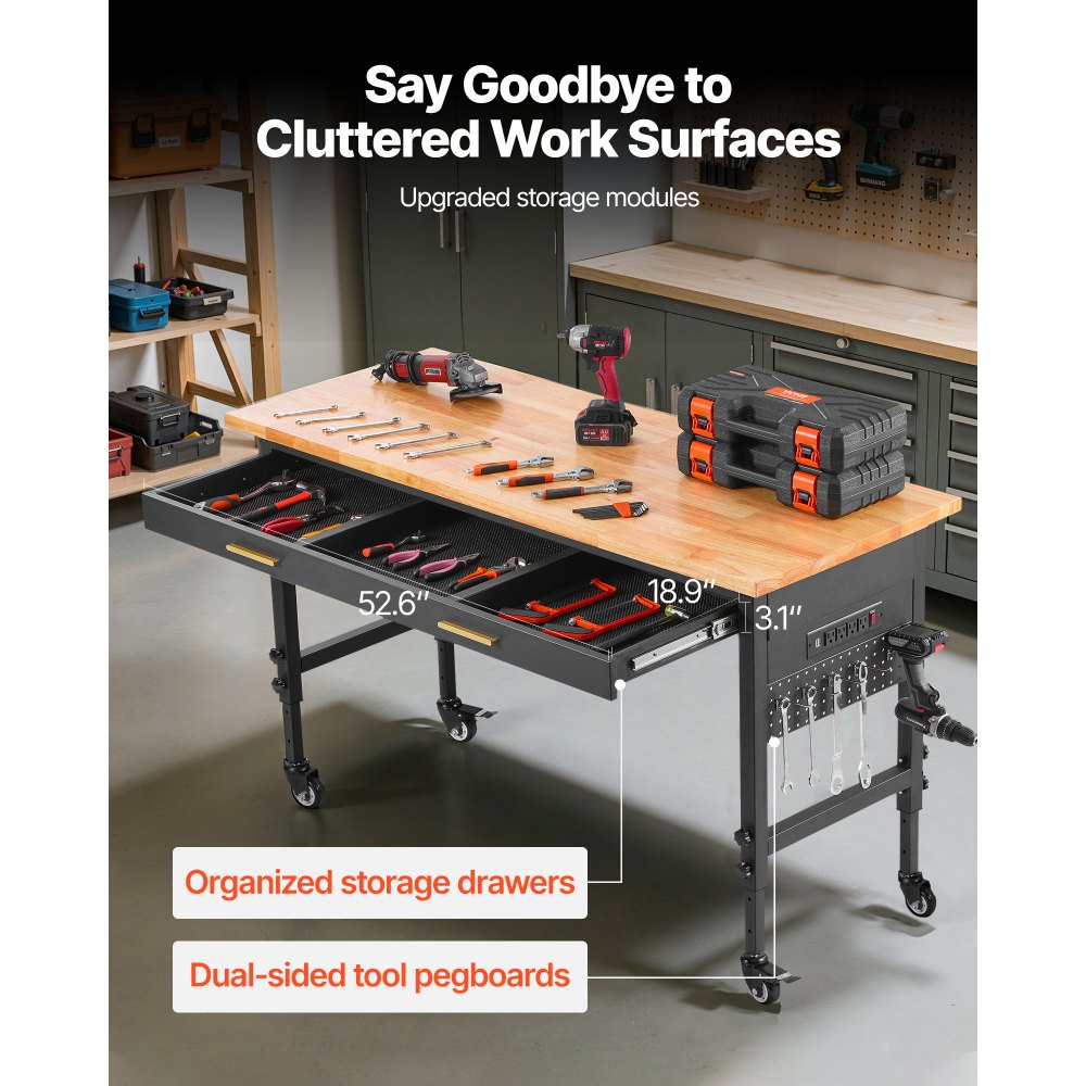 VEVOR 60" verstellbare Werkbank, 1500 lbs Tragkraft, Werkbank mit Schubladen, Steckdose, Rädern und Stecktafel, robuster Arbeitstisch mit Eichenholzplatte für Garage, Werkstatt, Büro und Zuhause