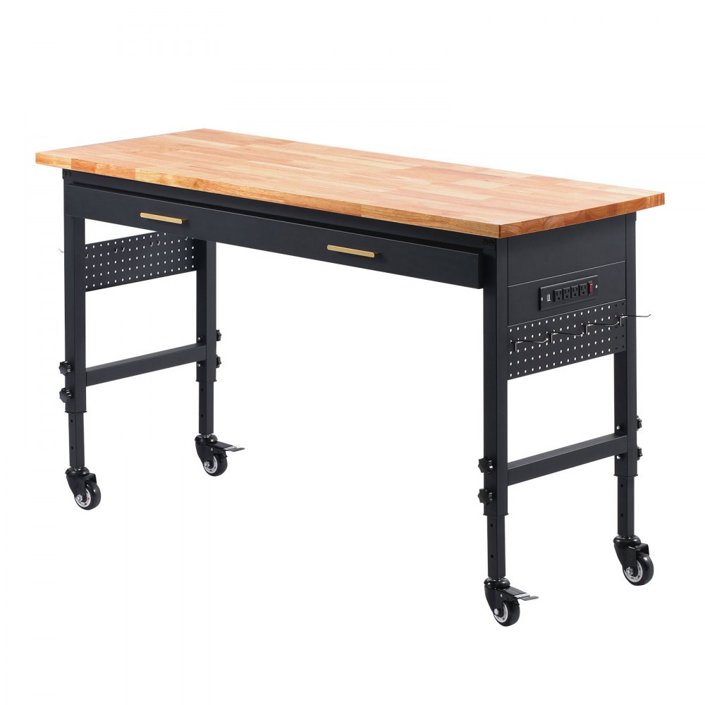 VEVOR 60" verstellbare Werkbank, 1500 lbs Tragkraft, Werkbank mit Schubladen, Steckdose, Rädern und Stecktafel, robuster Arbeitstisch mit Eichenholzplatte für Garage, Werkstatt, Büro und Zuhause