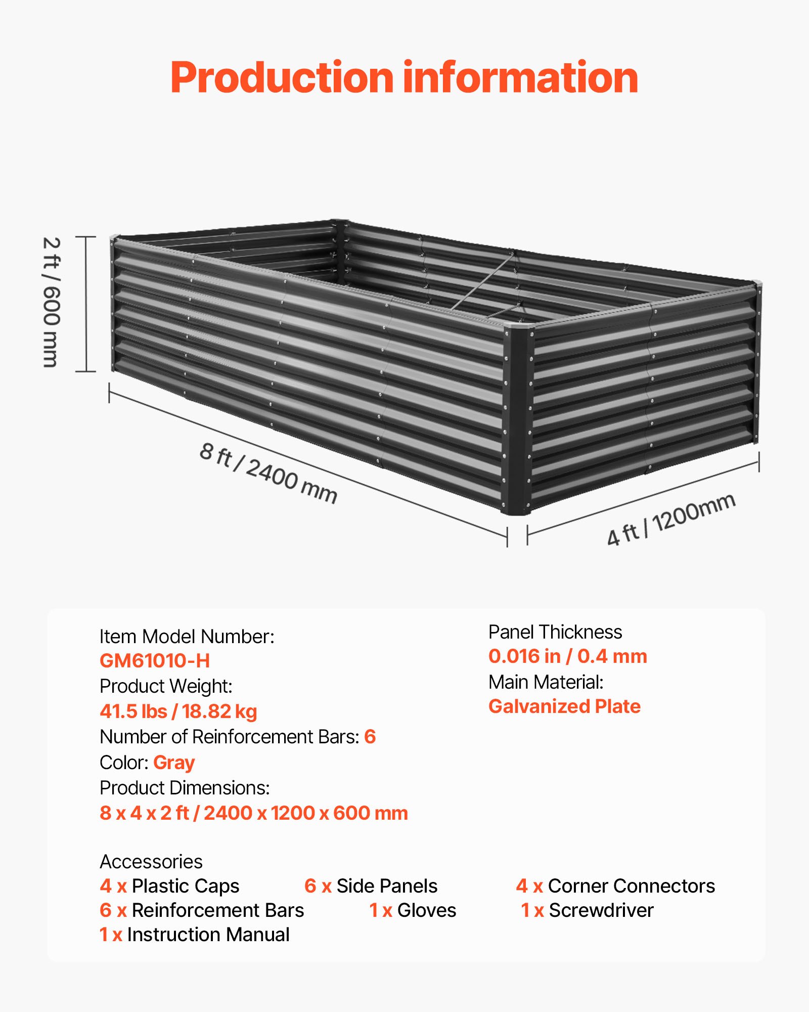 VEVOR Hochbeet Metall 2400x1200x600 mm, Pflanzbeet, Gemüsebeet, Pflanzkasten mit offenem Boden & abgerundeten Kanten, großes Blumenbeet, Kräuterbeet, ideal für Gemüse, Blumen, Kräuter & Sukkulenten