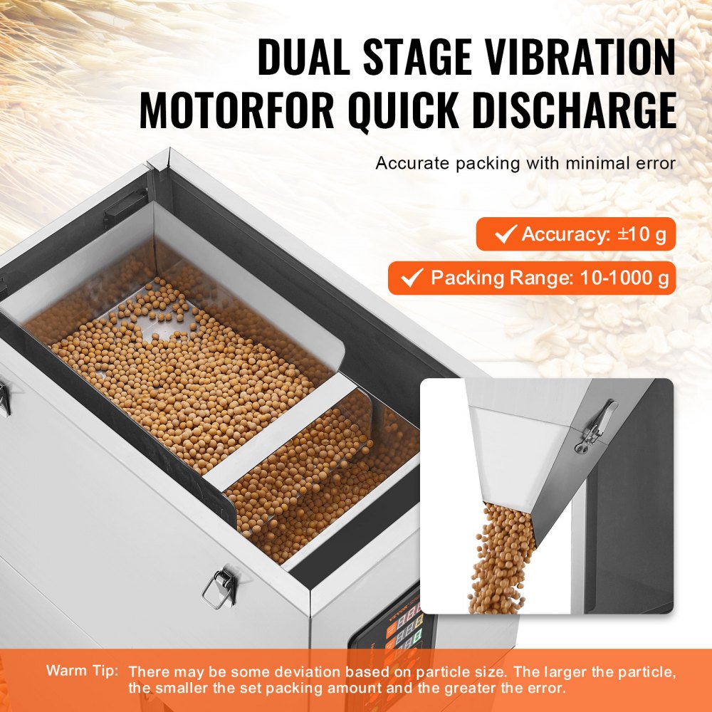 VEVOR Partikelfüllmaschine, 0,022–2,2 lbs/10–1000 g, automatische Füllmaschine mit Fußpedal, Wiegefüllmaschine aus Edelstahl, Wiegefüllmaschine für Bohnen, Samen, Körner, Tee, Granulatverpackung