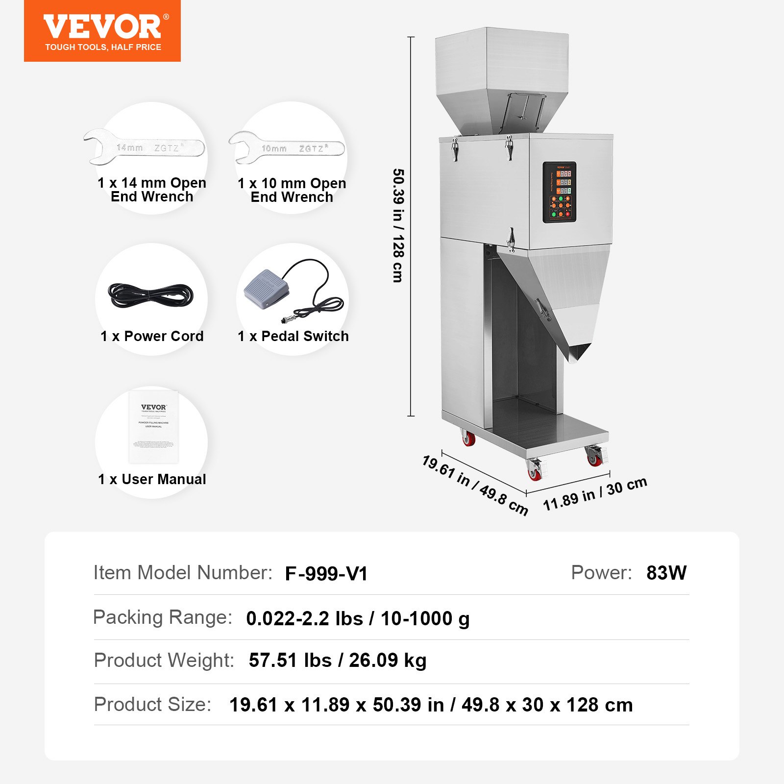 VEVOR Partikelfüllmaschine, 0,022–2,2 lbs/10–1000 g, automatische Füllmaschine mit Fußpedal, Wiegefüllmaschine aus Edelstahl, Wiegefüllmaschine für Bohnen, Samen, Körner, Tee, Granulatverpackung