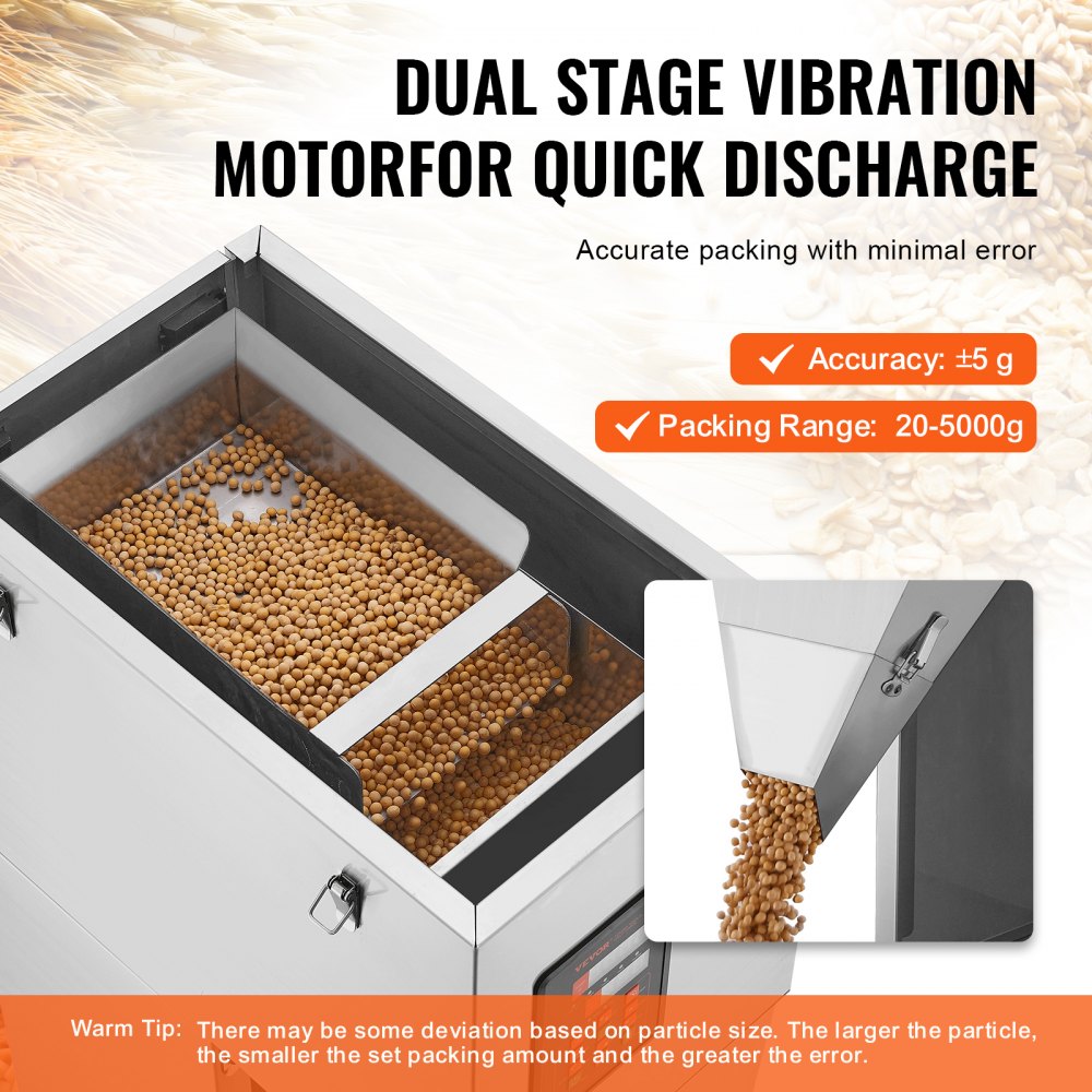 VEVOR Partikelfüllmaschine, 20–5000 g, automatische Füllmaschine mit Fußpedal, Edelstahl-Wiegefüllmaschine, Wiegefüller für Bohnen, Samen, Körner, Tee, Granulatverpackung