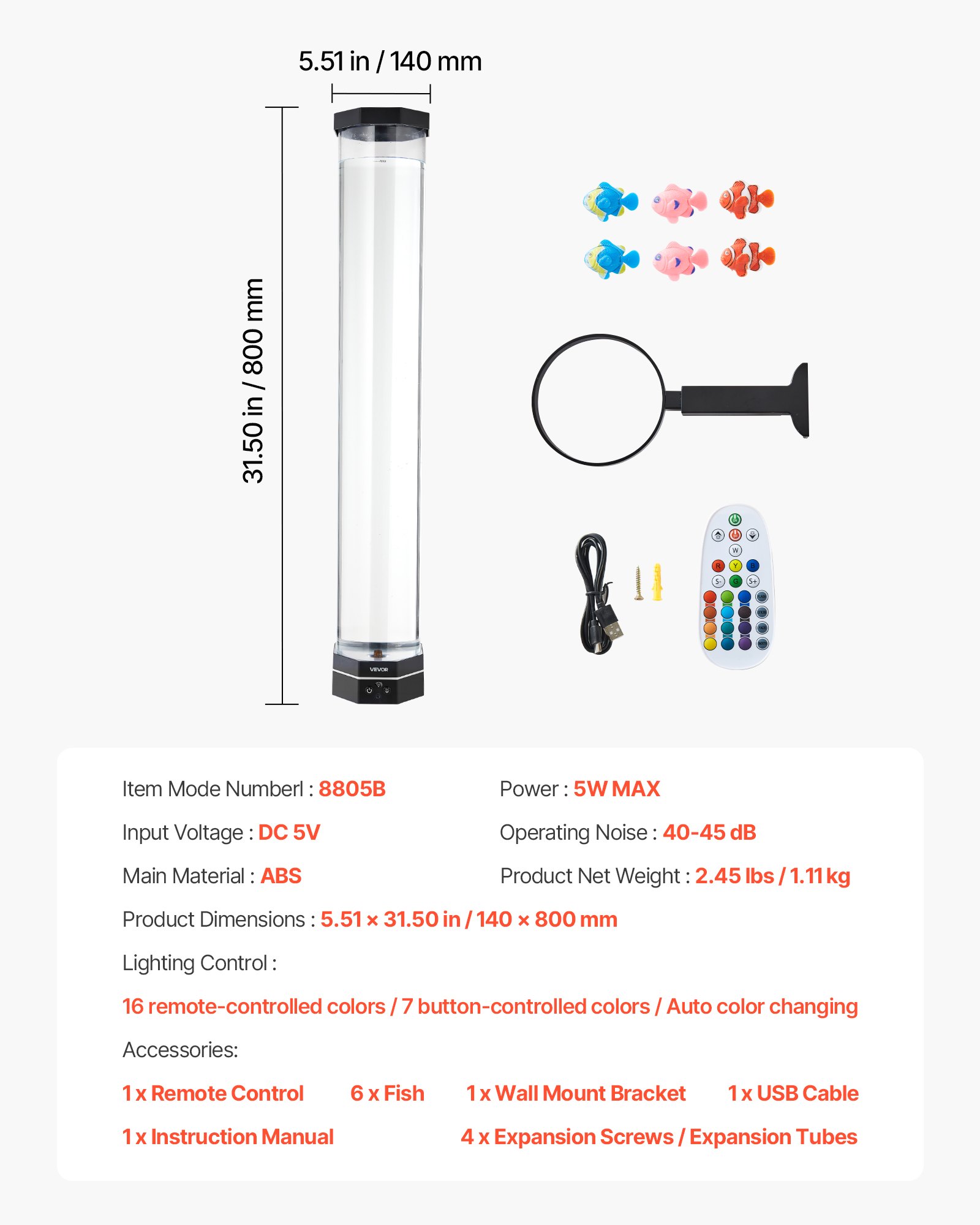 VEVOR Sensory Bubble Tube Lamp, 80 cm Bubble Fish Tube, Sensory Aquarium Lamp with 6 Floating Fish & 16 Color Effects, Remote Control, Stress Relief Calming Light for Bedroom Living Room Home Decor