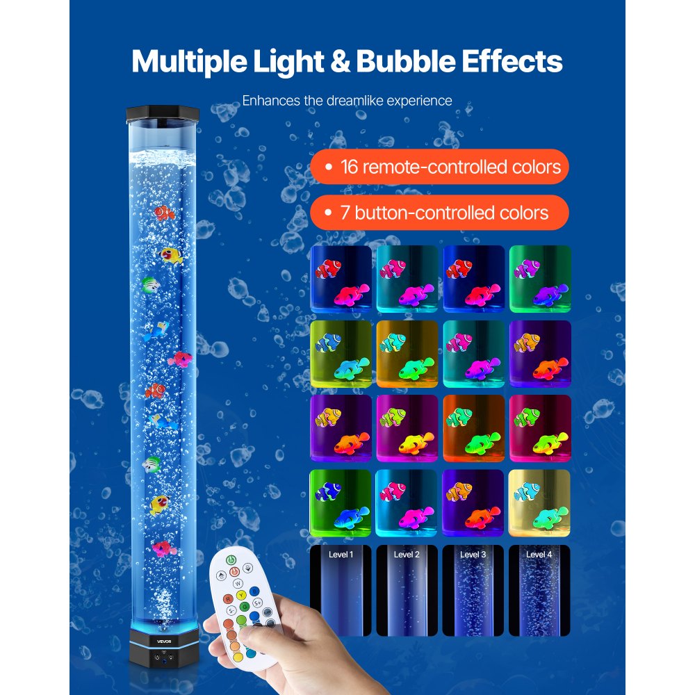 VEVOR Sensory Bubble Tube Lamp, 100 cm Bubble Fish Tube, Sensory Aquarium Lamp with 10 Floating Fish & 16 Color Effects, Remote Control, Stress Relief Calming Light for Bedroom Living Room Home Decor