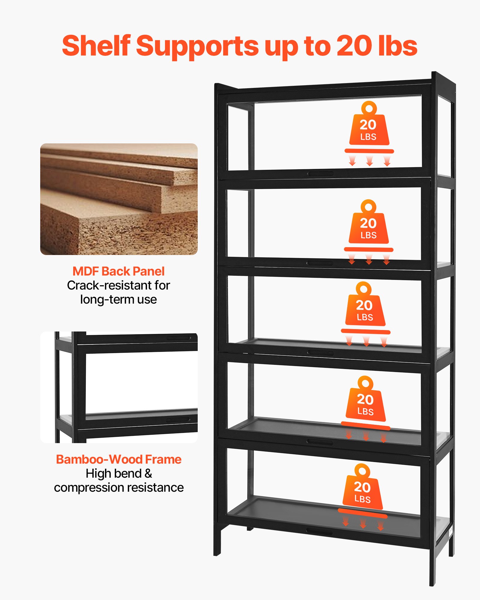 VEVOR Sammlervitrine Vitrinenschrank 5-stöckig, 172 cm hoch, Standvitrine mit natürlicher Holzrahmen (9,07 kg Tragkraft pro Schicht), Standregal Bücherregal für Büro Spielzimmer Wohnzimmer