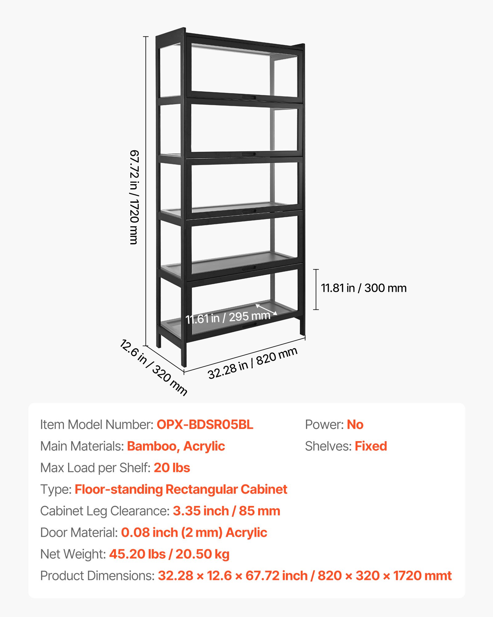 VEVOR Sammlervitrine Vitrinenschrank 5-stöckig, 172 cm hoch, Standvitrine mit natürlicher Holzrahmen (9,07 kg Tragkraft pro Schicht), Standregal Bücherregal für Büro Spielzimmer Wohnzimmer
