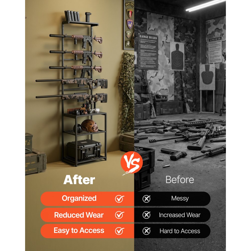 VEVOR Freistehends Gewehrregal für 5 Gewehre, Standwaffenhalter zur Waffenaufbewahrung aus Kohlenstoffstahl mit Ablagefach, Präsentationsregal für Schrotflinten Langwaffen Jagdgewehr Schwarz