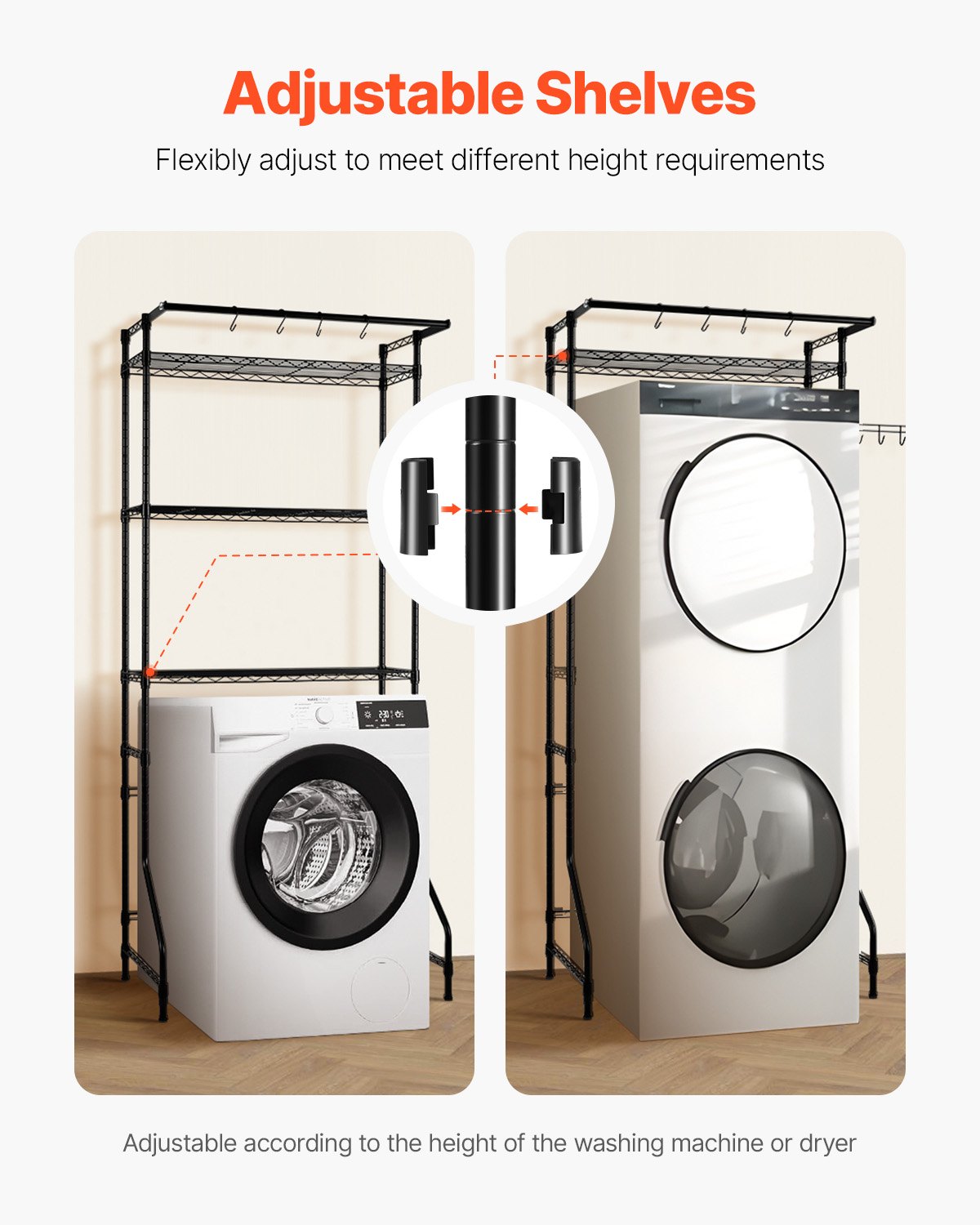 VEVOR Storage Rack for Washing Machine and Dryer, 3-Tier Clothes Rack with Clothes Rail and Hooks, Single Row Adjustable Washing Machine Shelves, for Storage and Organization
