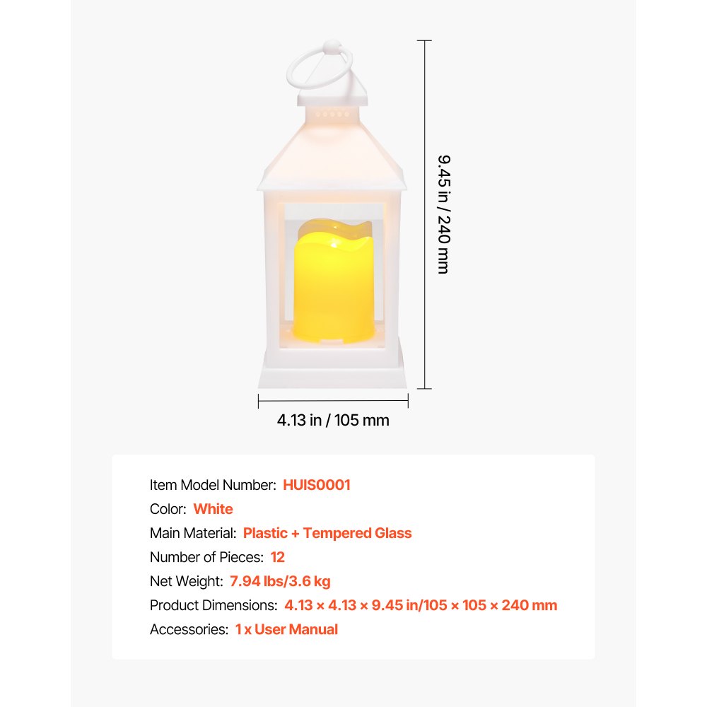 VEVOR 12er-Pack dekorative Kerzenlaternen, elektrische LED-Kerzen ohne Flamme, Halter aus Kunststoff mit Glas, Wandbehang für Veranda, Hochzeitstische, Partys, Bauernhäuser, Weiß, 105x105x240 mm