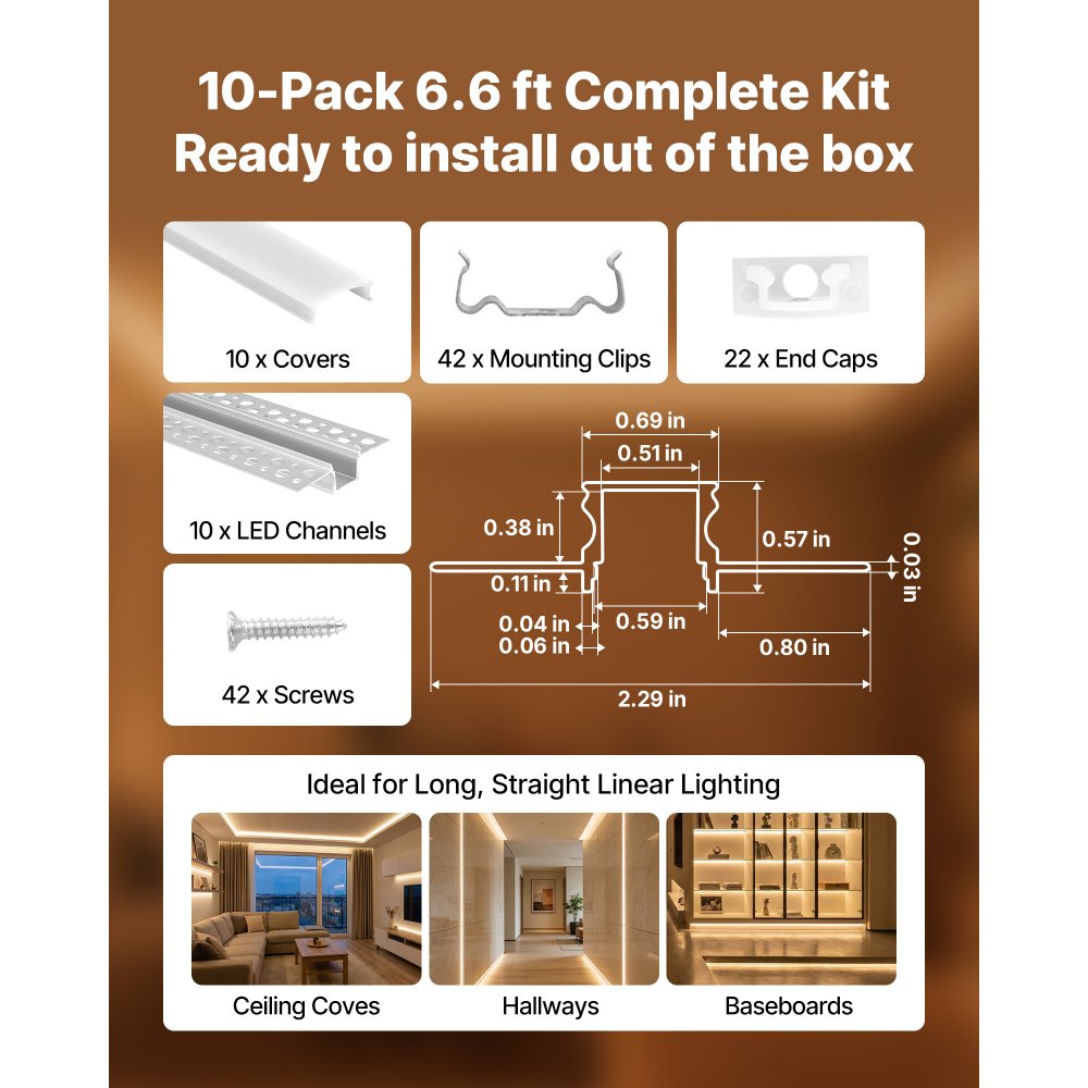 VEVOR LED Profil 10er-Pack 2 m, Eloxierte Trockenbauprofil mit Milchiger Abdeckung, Endkappen & Befestigungsclips, Deckenprofil, Diffusor Einbau in Gipskarton, Aluminiumprofile für Wand & Decke