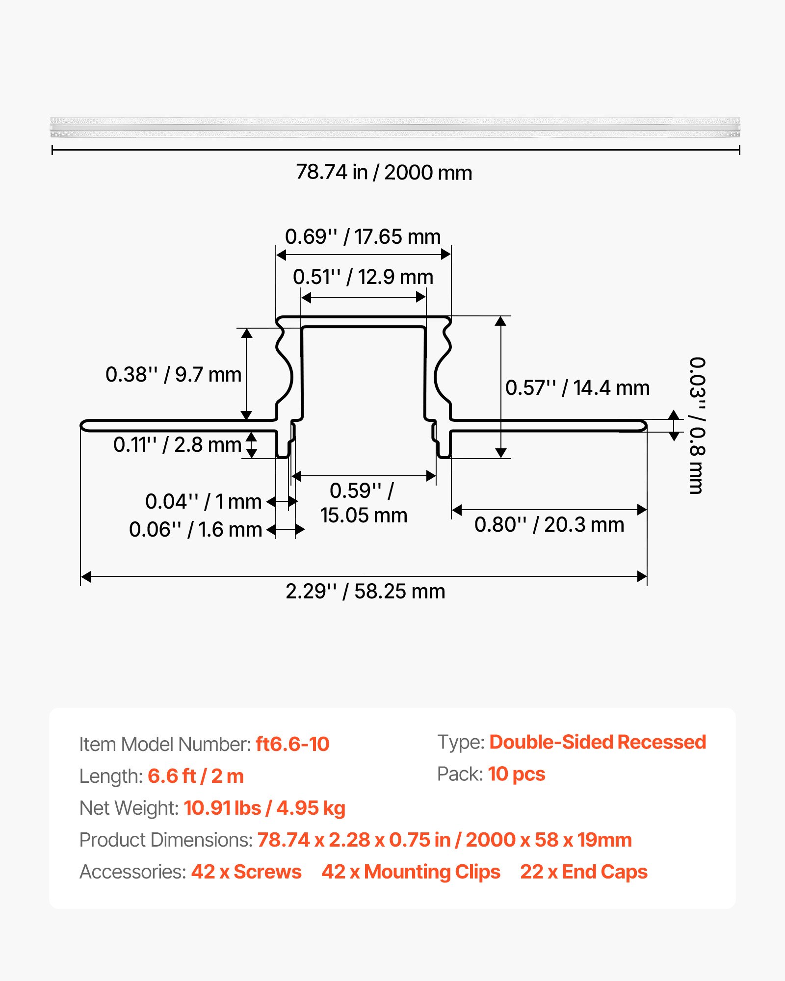 VEVOR LED Profil 10er-Pack 2 m, Eloxierte Trockenbauprofil mit Milchiger Abdeckung, Endkappen & Befestigungsclips, Deckenprofil, Diffusor Einbau in Gipskarton, Aluminiumprofile für Wand & Decke