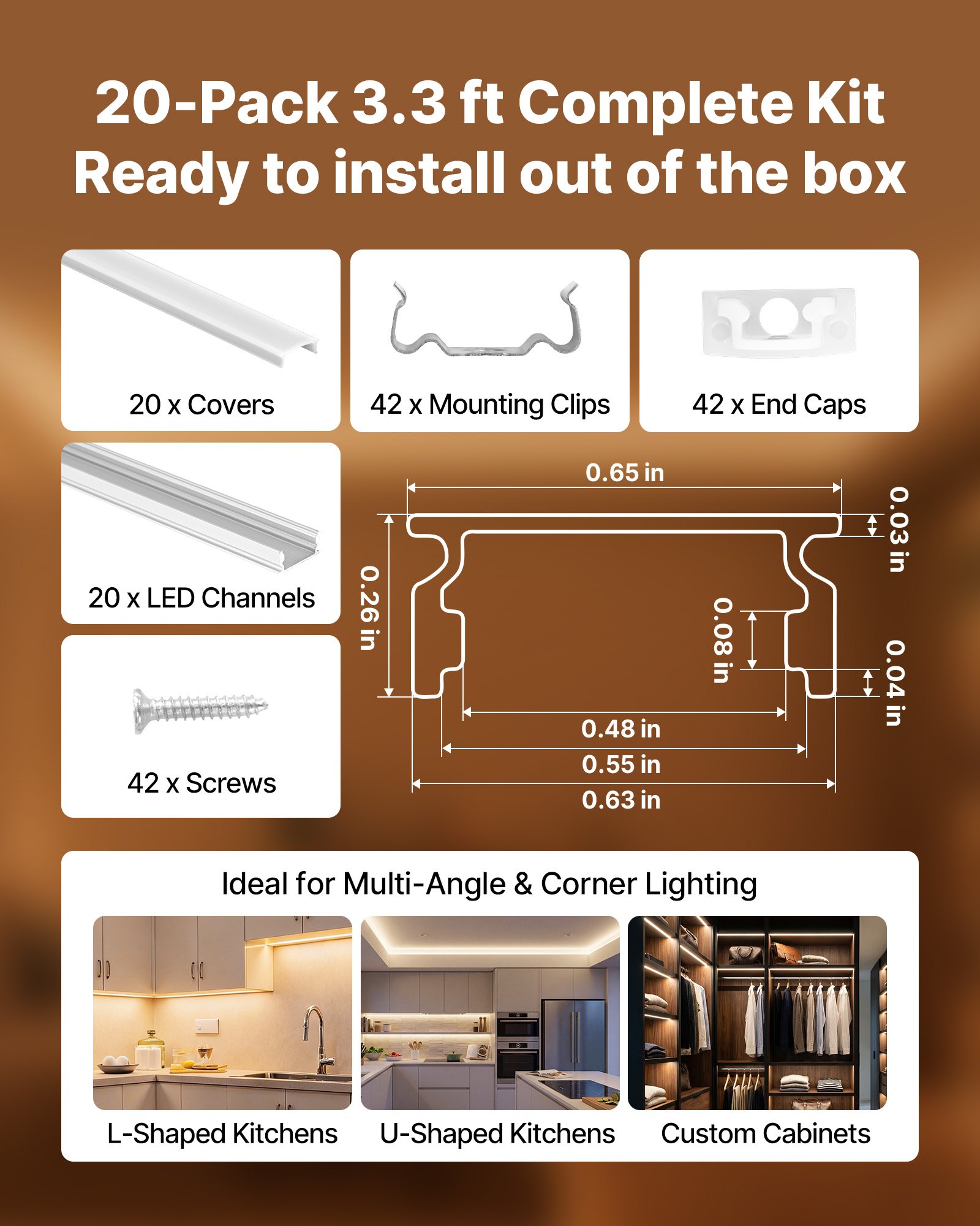 VEVOR LED Profil 20er-Pack 1 m, Eloxierte Aluminiumprofile mit Milchiger Abdeckung, Endkappen & Befestigungsclips, Kanäle, Diffusor für LED-Streifen, Ideal für Unterbau-Arbeitsplatten, U Form