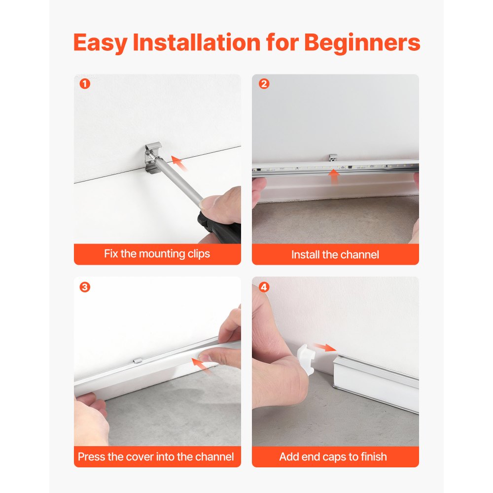 VEVOR LED Profil 10er-Pack 2 m, Eloxierte Aluminiumprofile mit Milchiger Abdeckung, Endkappen & Befestigungsclips, Kanäle, Diffusor für LED-Streifen, Ideal für Unterbau-Arbeitsplatten, U Form