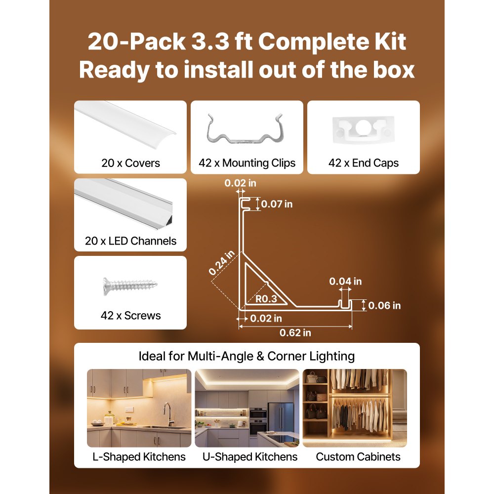 VEVOR LED Profil 20er-Pack 1 m, Eloxierte Aluminiumprofile mit Milchiger Abdeckung, Endkappen & Befestigungsclips, Kanäle, Diffusor für LED-Streifen, Ideal für Unterbau-Arbeitsplatten, V-Form