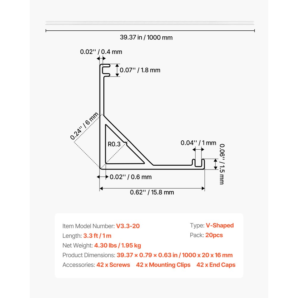 VEVOR LED Profil 20er-Pack 1 m, Eloxierte Aluminiumprofile mit Milchiger Abdeckung, Endkappen & Befestigungsclips, Kanäle, Diffusor für LED-Streifen, Ideal für Unterbau-Arbeitsplatten, V-Form