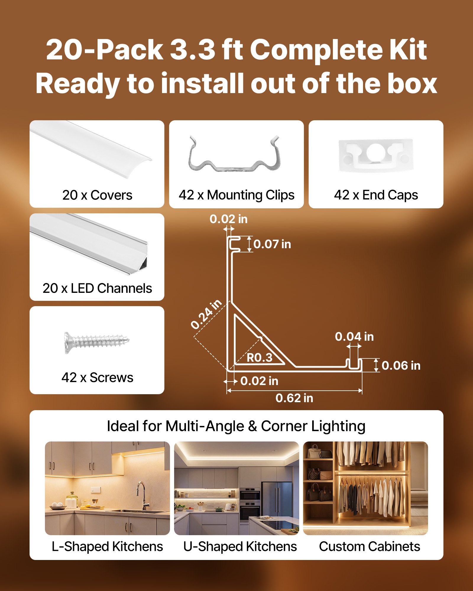 VEVOR LED Profil 20er-Pack 1 m, Eloxierte Aluminiumprofile mit Milchiger Abdeckung, Endkappen & Befestigungsclips, Kanäle, Diffusor für LED-Streifen, Ideal für Unterbau-Arbeitsplatten, V-Form