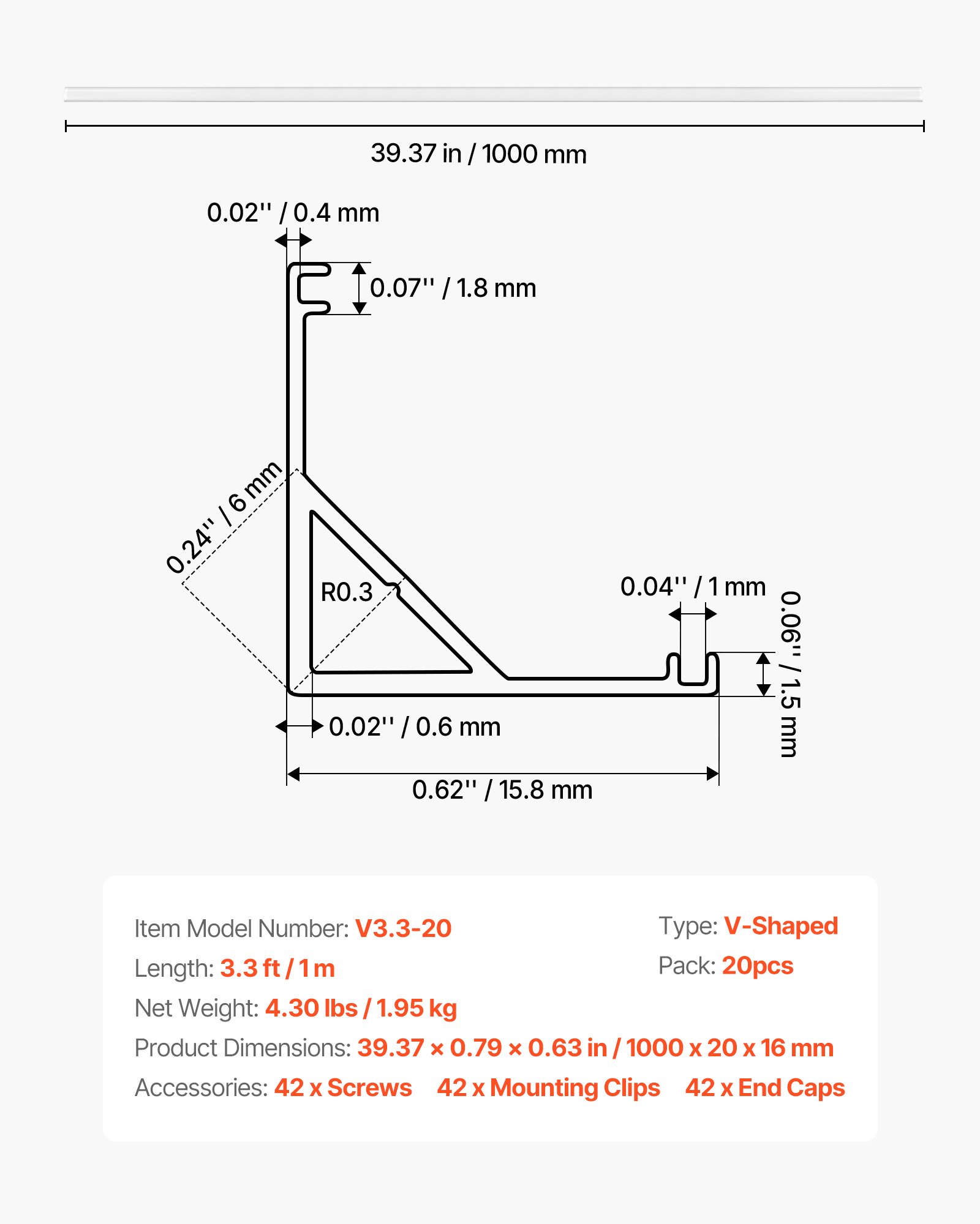 VEVOR LED Profil 20er-Pack 1 m, Eloxierte Aluminiumprofile mit Milchiger Abdeckung, Endkappen & Befestigungsclips, Kanäle, Diffusor für LED-Streifen, Ideal für Unterbau-Arbeitsplatten, V-Form