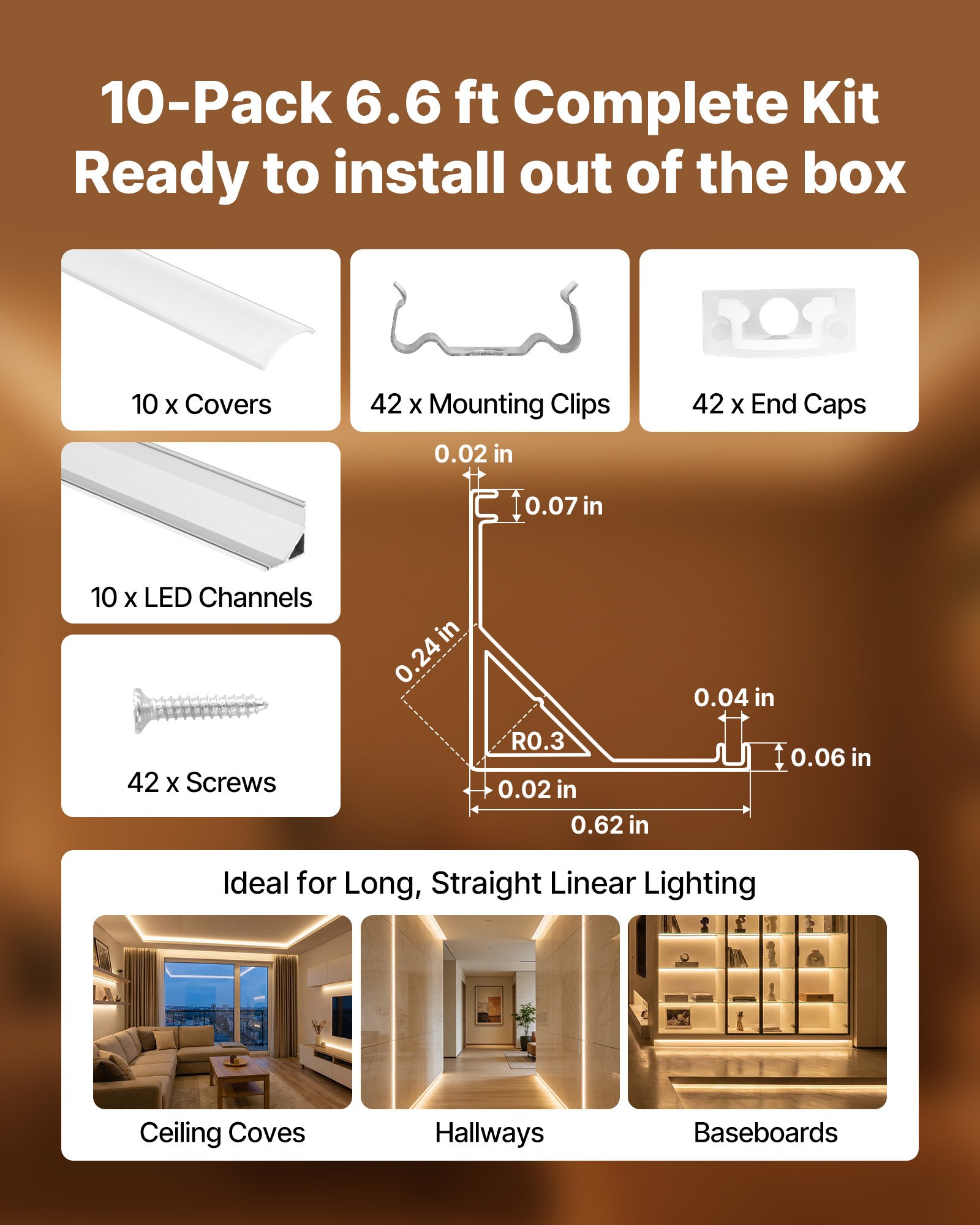 VEVOR LED Profil 10er-Pack 2 m, Eloxierte Aluminiumprofil mit Milchiger Abdeckung, Endkappen & Befestigungsclips, Kanäle, Diffusor für LED-Streifen, Ideal für Unterbau-Arbeitsplatten, V Form