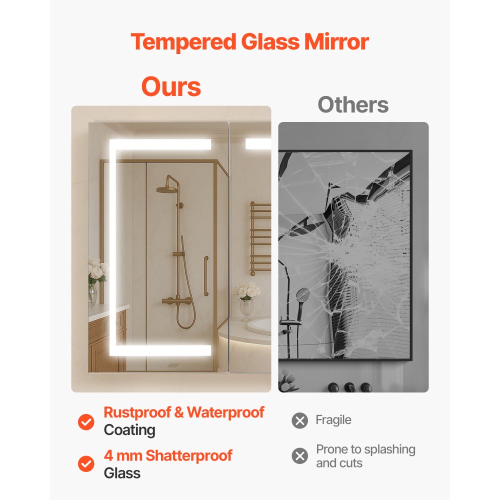 VEVOR beleuchteter Medizinschrank mit Spiegel (100 x 60 cm), 3-farbig dimmbarer LED-Badezimmerschrank mit Spiegel aus gehärtetem Glas, Memory-Funktion/2 verstellbare Regale/Steckdosen und USBs