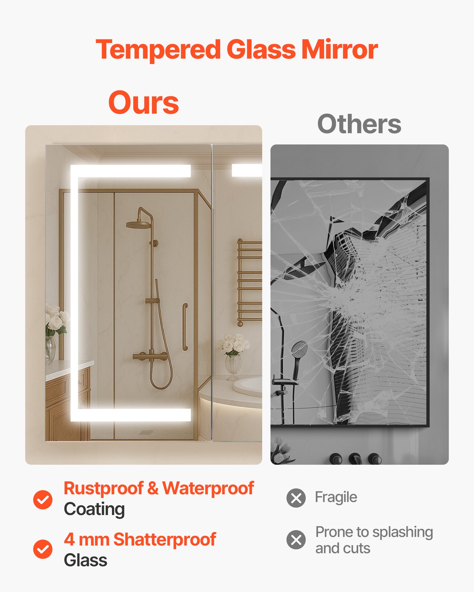 VEVOR beleuchteter Medizinschrank mit Spiegel (100 x 60 cm), 3-farbig dimmbarer LED-Badezimmerschrank mit Spiegel aus gehärtetem Glas, Memory-Funktion/2 verstellbare Regale/Steckdosen und USBs