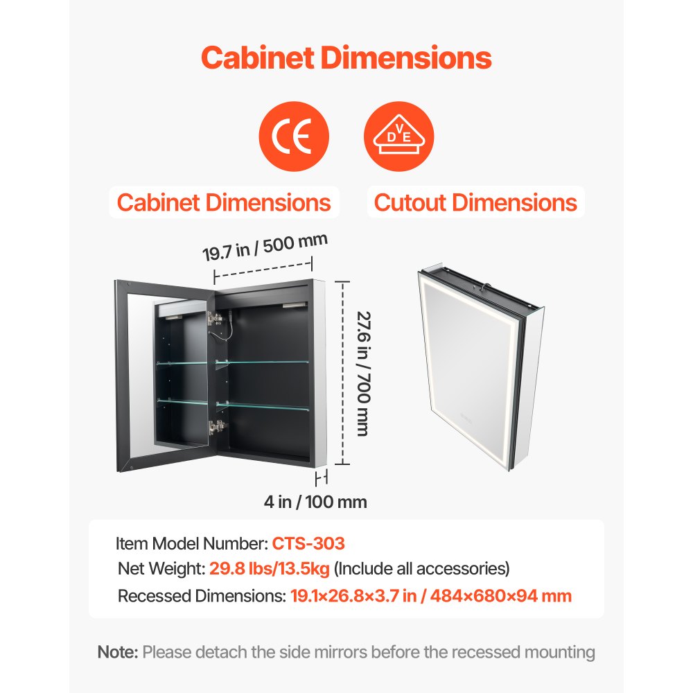 VEVOR beleuchteter Medizinschrank mit Spiegel (50 x 70 cm), Einbau- oder Wandmontage, 3-farbig dimmbarer LED-Badezimmerschrank mit Bodenbeleuchtung, verstellbarer Regalaufbewahrung