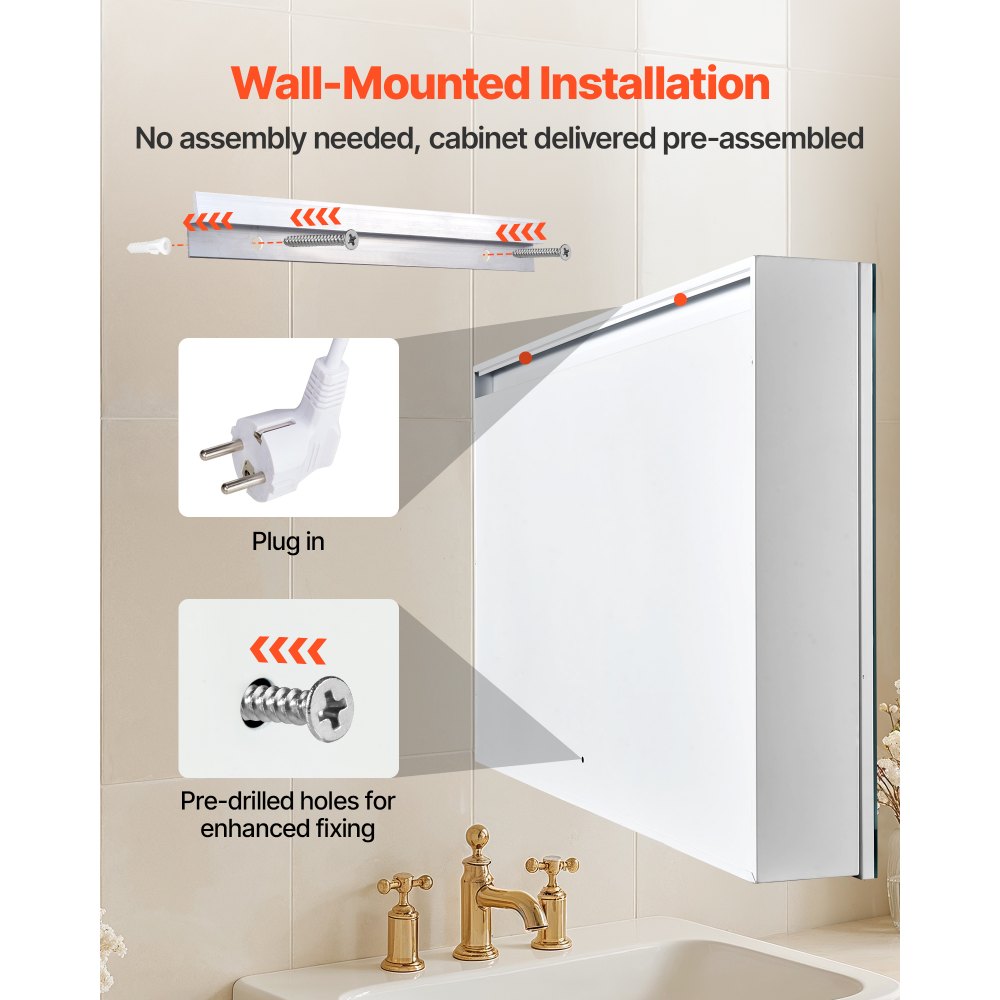 VEVOR beleuchteter Medizinschrank mit Spiegel (60 x 80 cm) Wandmontage, 3-farbig dimmbarer LED-Badezimmerschrank mit HD-Spiegel, Memory-Funktion/verstellbaren Regalen, Stauraum/Steckdosen und USBs