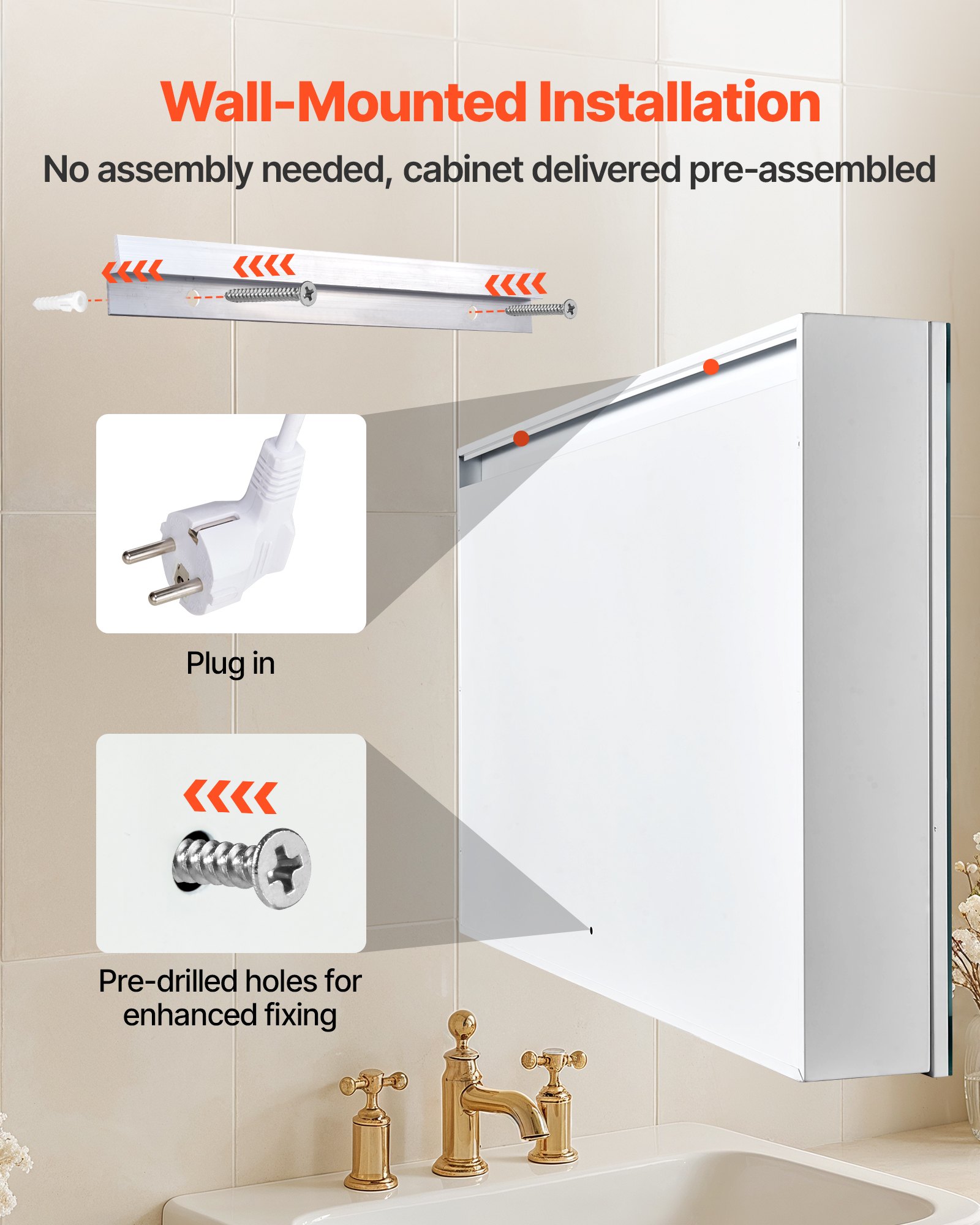 VEVOR beleuchteter Medizinschrank mit Spiegel (60 x 80 cm) Wandmontage, 3-farbig dimmbarer LED-Badezimmerschrank mit HD-Spiegel, Memory-Funktion/verstellbaren Regalen, Stauraum/Steckdosen und USBs