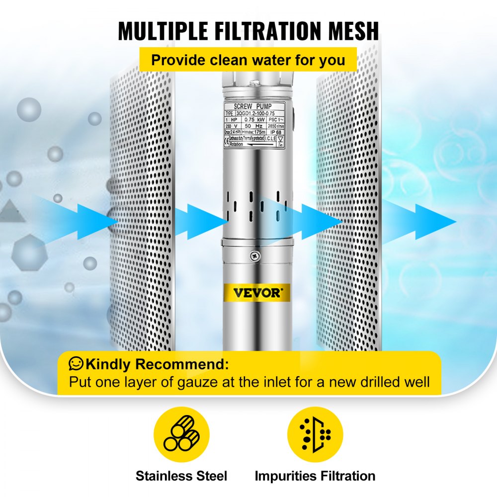 VEVOR Tiefbrunnenpumpe Tauchpumpe Brunnenpumpe 3QGD1.2-100-0.75 40 L/MIN Kabel 15m Sandwasser