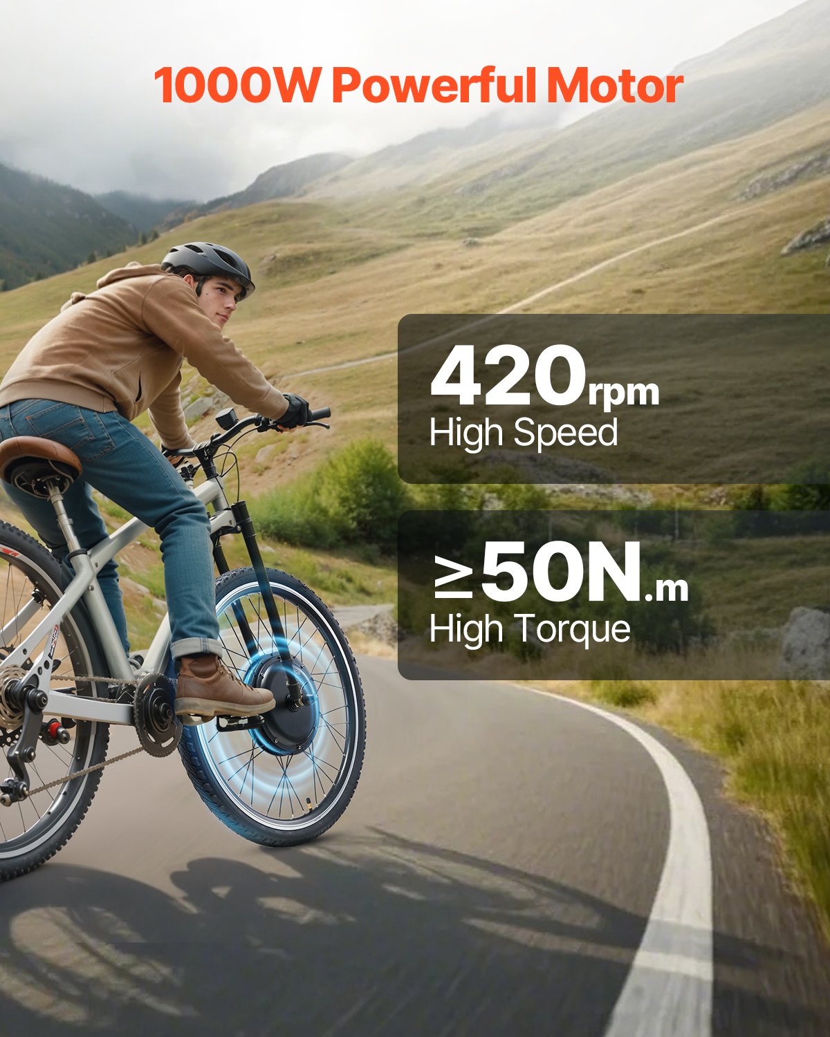 VEVOR 1000 W Elektro-Fahrrad Kit, 48 V 420 U/min φ650mm Vorderrad-E-Bike-Nabenmotorsatz mit verbessertem Geschwindigkeitsregler, Gasgriffsatz, LCD-Display und PAS-System für Rennrad