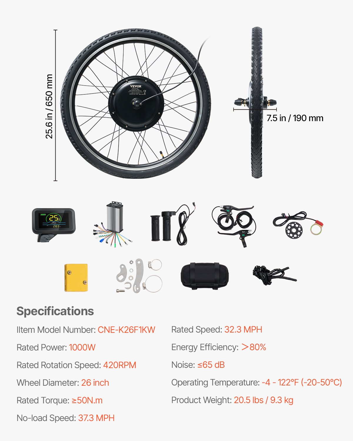 VEVOR 1000 W Elektro-Fahrrad Kit, 48 V 420 U/min φ650mm Vorderrad-E-Bike-Nabenmotorsatz mit verbessertem Geschwindigkeitsregler, Gasgriffsatz, LCD-Display und PAS-System für Rennrad