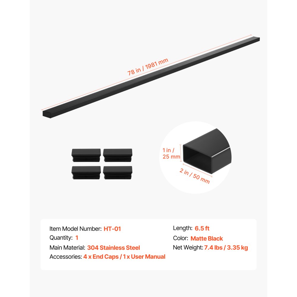 VEVOR Balkon Geländer aus Edelstahl, rechteckiger Handlauf für Treppendecks oben für Außen-/Innenstufen mit Endkappe, mattschwarze Beschichtung, Kabelgeländer-Set, 50x25x1981 mm