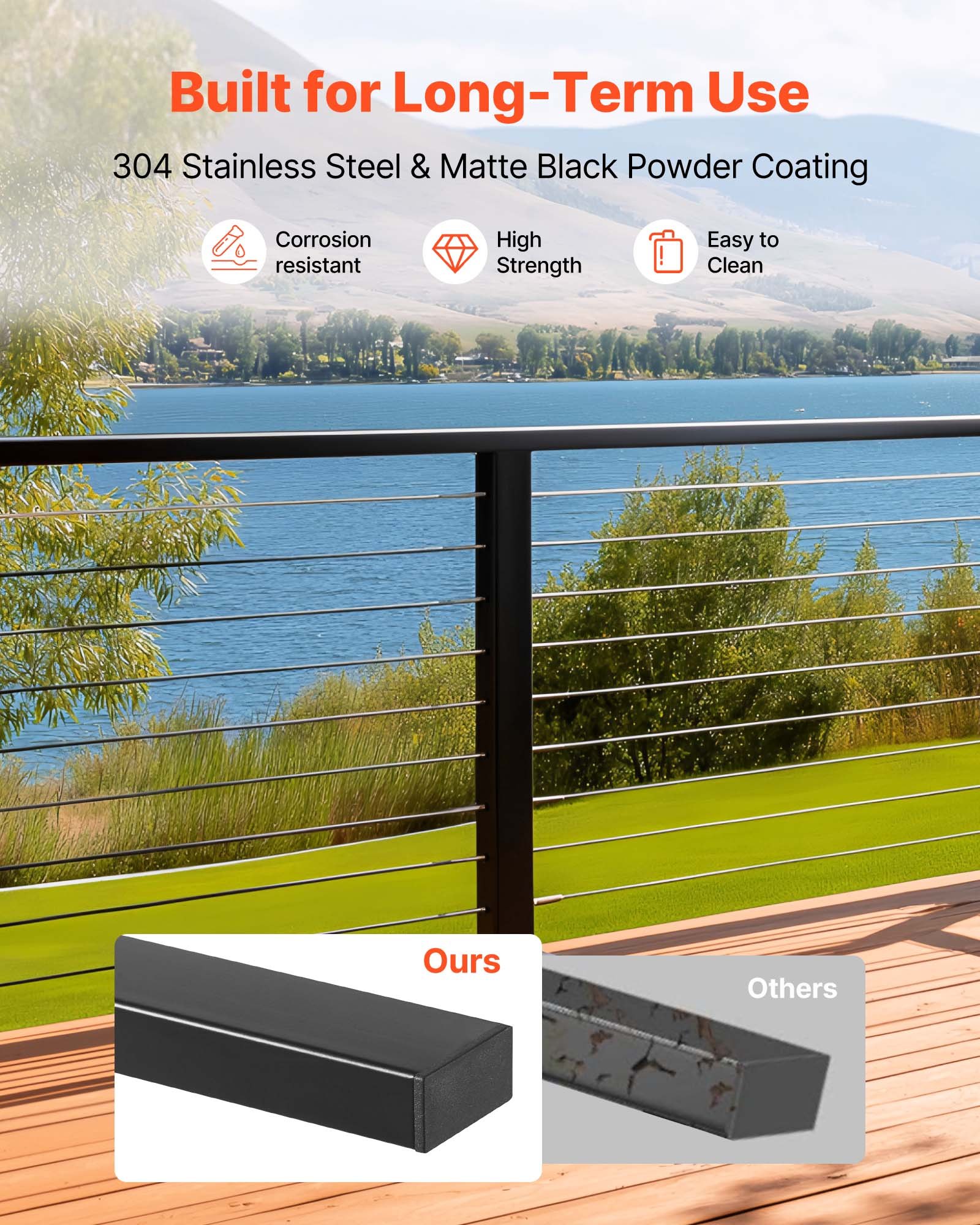 VEVOR Balkon Geländer aus Edelstahl, 4er-Pack, rechteckiger Handlauf für Treppendecks oben für Außen-/Innenstufen mit Endkappe, mattschwarze Beschichtung, Kabelgeländer-Set, 50x25x1981 mm