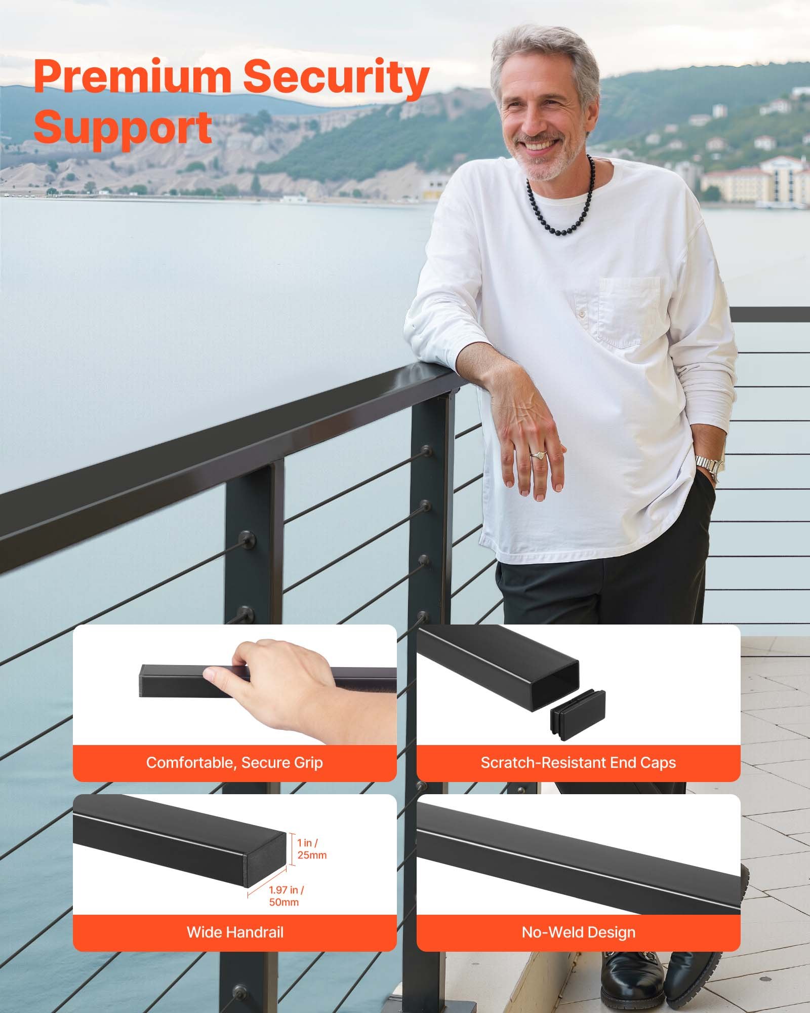 VEVOR Balkon Geländer aus Edelstahl, 4er-Pack, rechteckiger Handlauf für Treppendecks oben für Außen-/Innenstufen mit Endkappe, mattschwarze Beschichtung, Kabelgeländer-Set, 50x25x1981 mm