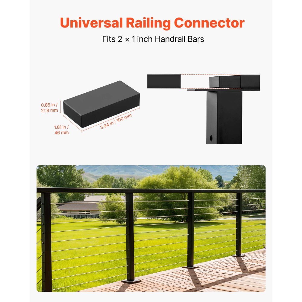 VEVOR 2er-Pack Verlängerungs-Handlaufverbinder, POM-Handlaufverschraubung für rechteckige Handlauf-Top-Kabelgeländer-System-Kits, Deck-Kabelschienensystem im Außenbereich, Mattschwarz, HT-04