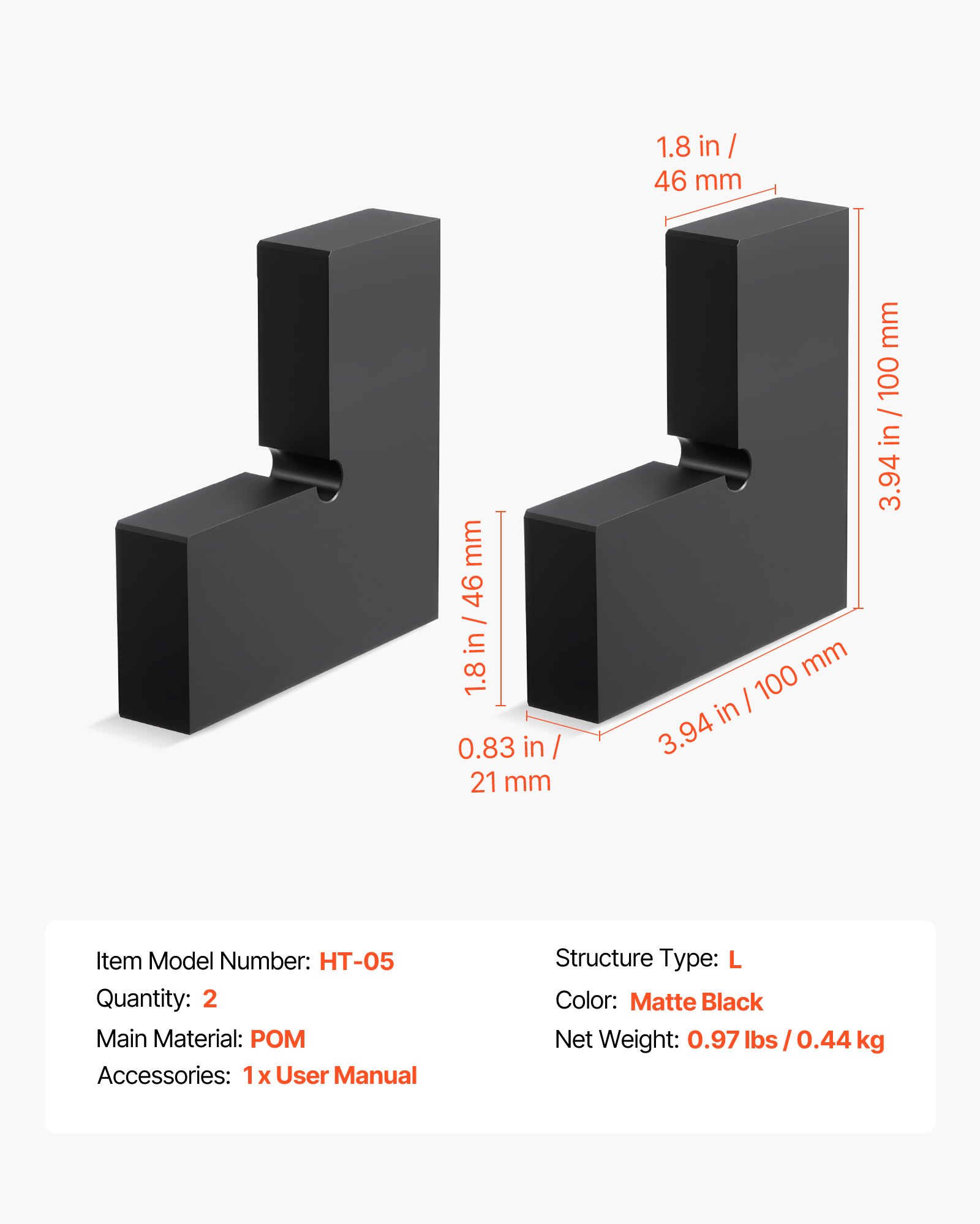 VEVOR 2er-Pack Eckverbinder für Handlauf, Verlängerungs-Treppengeländer-Zubehör, POM-Verbindungsbeschläge für rechteckiges Kabelgeländer, Deck-Kabelschienensystem, Mattschwarz, HT-05